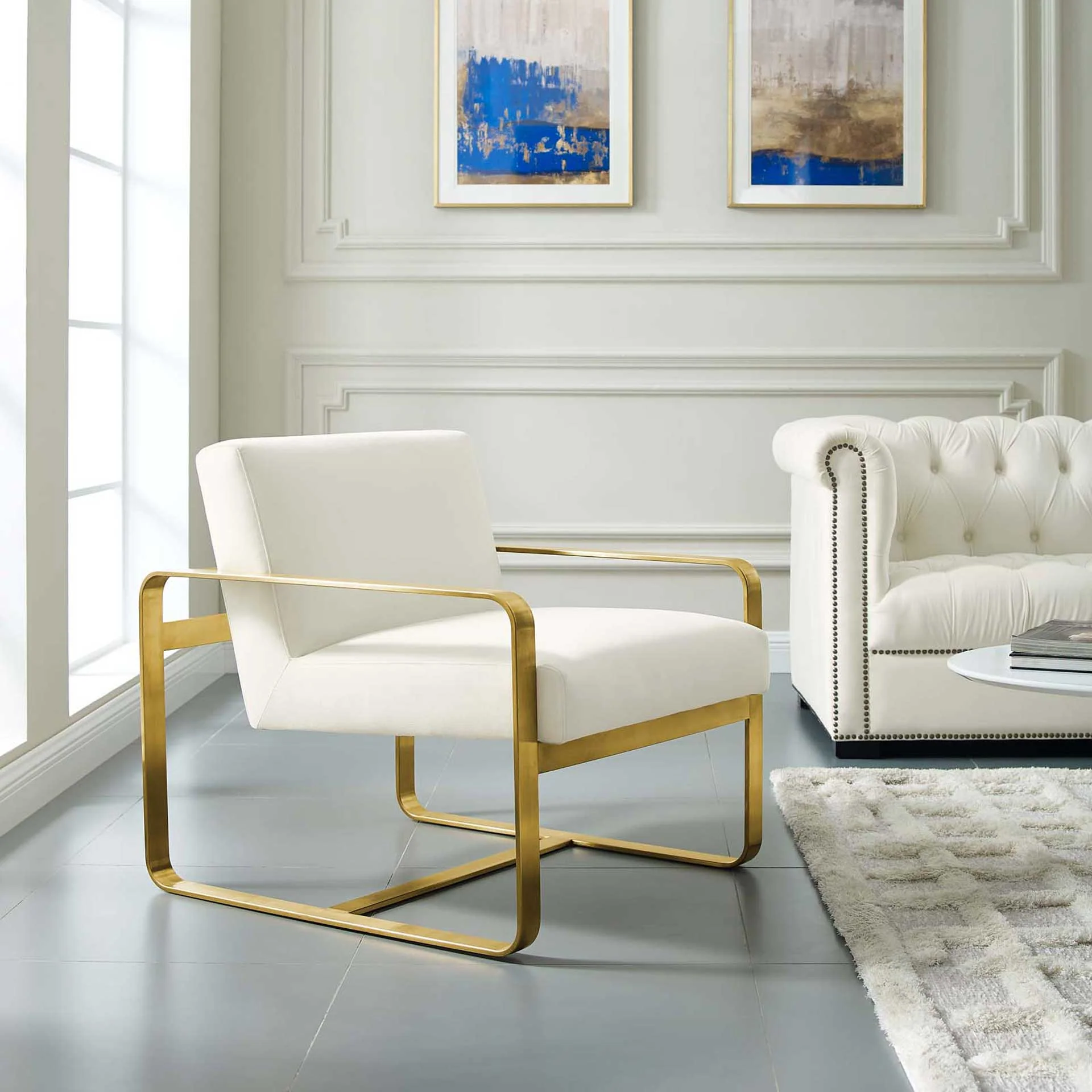 Abdiel Upholstered Velvet Armchair Ivory - Image 4