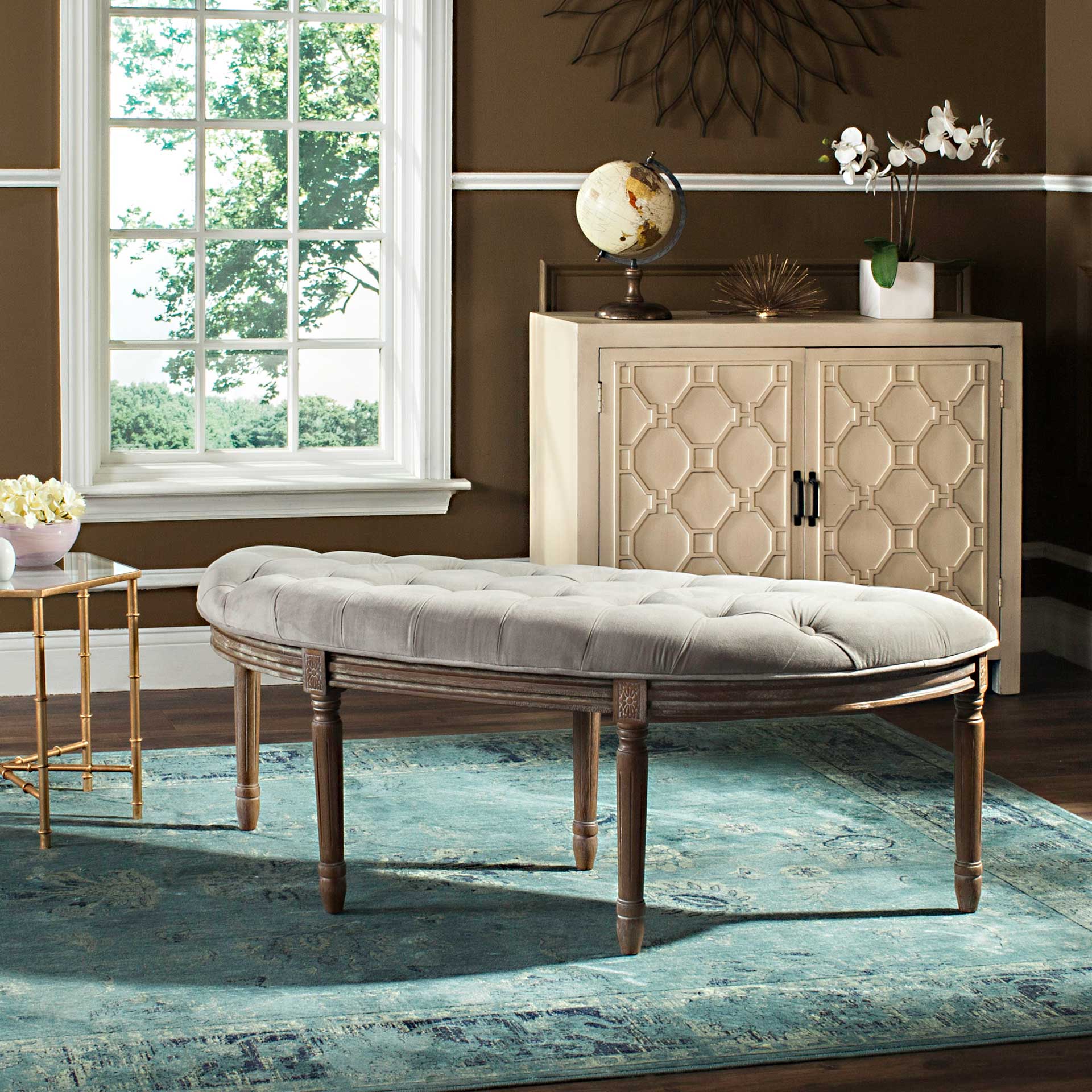 Abita Tufted Semi Circle Bench Gray/Rustic Oak - Image 4
