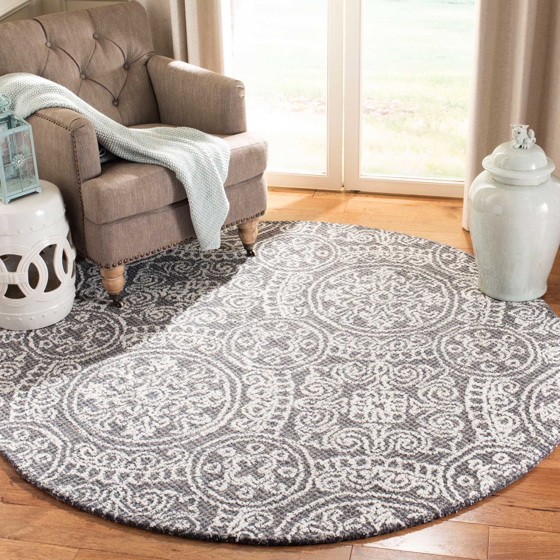 Abstract Gray/Ivory Round Rug - Image 3
