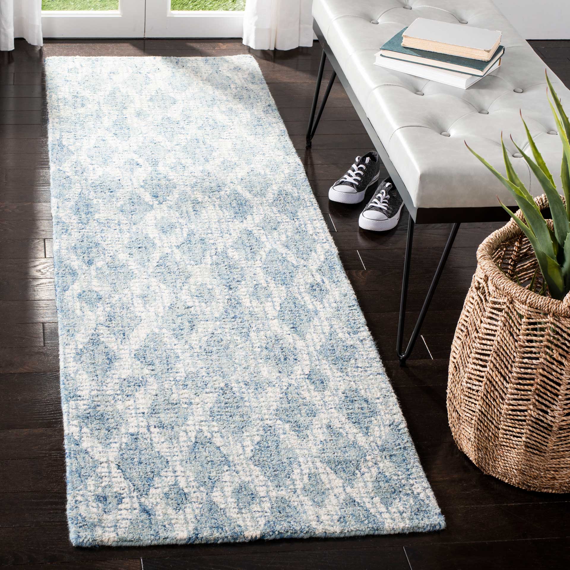 Abstract Ivory/Blue Runner Rug - Image 2