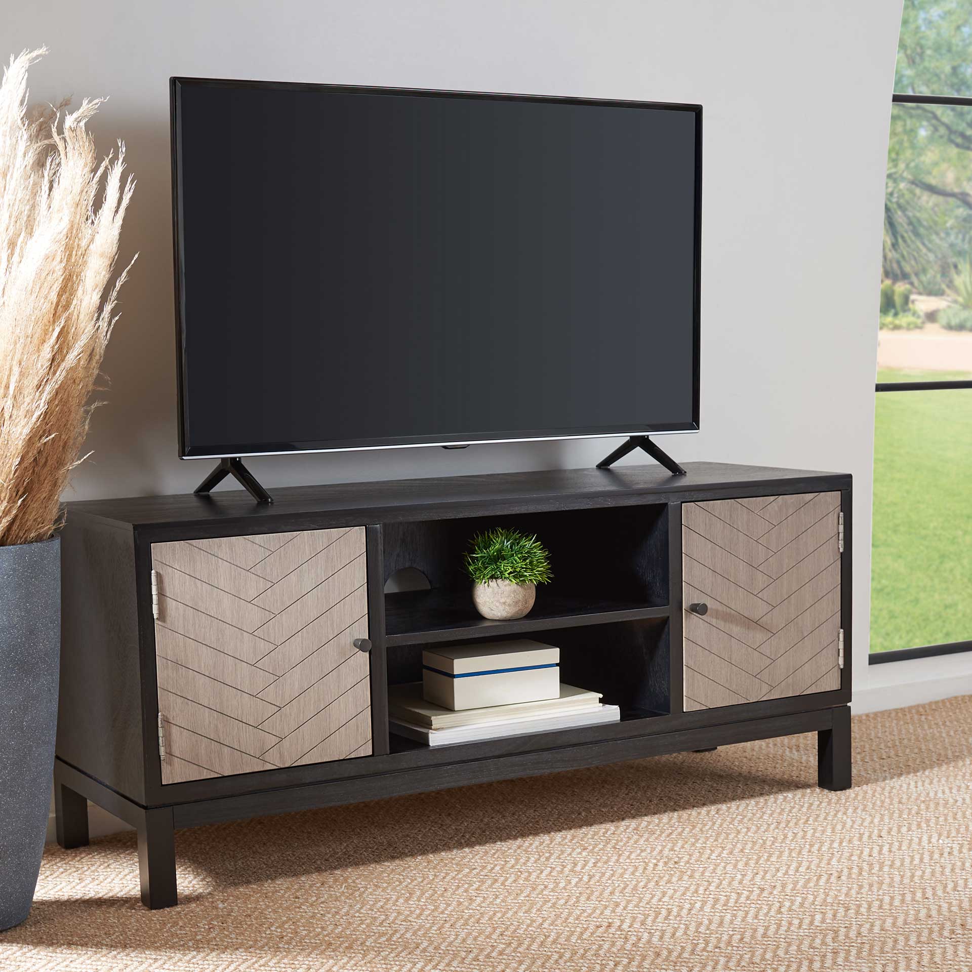 Ajani 2 Door 1 Shelf Media Stand Black/Greige - Image 8