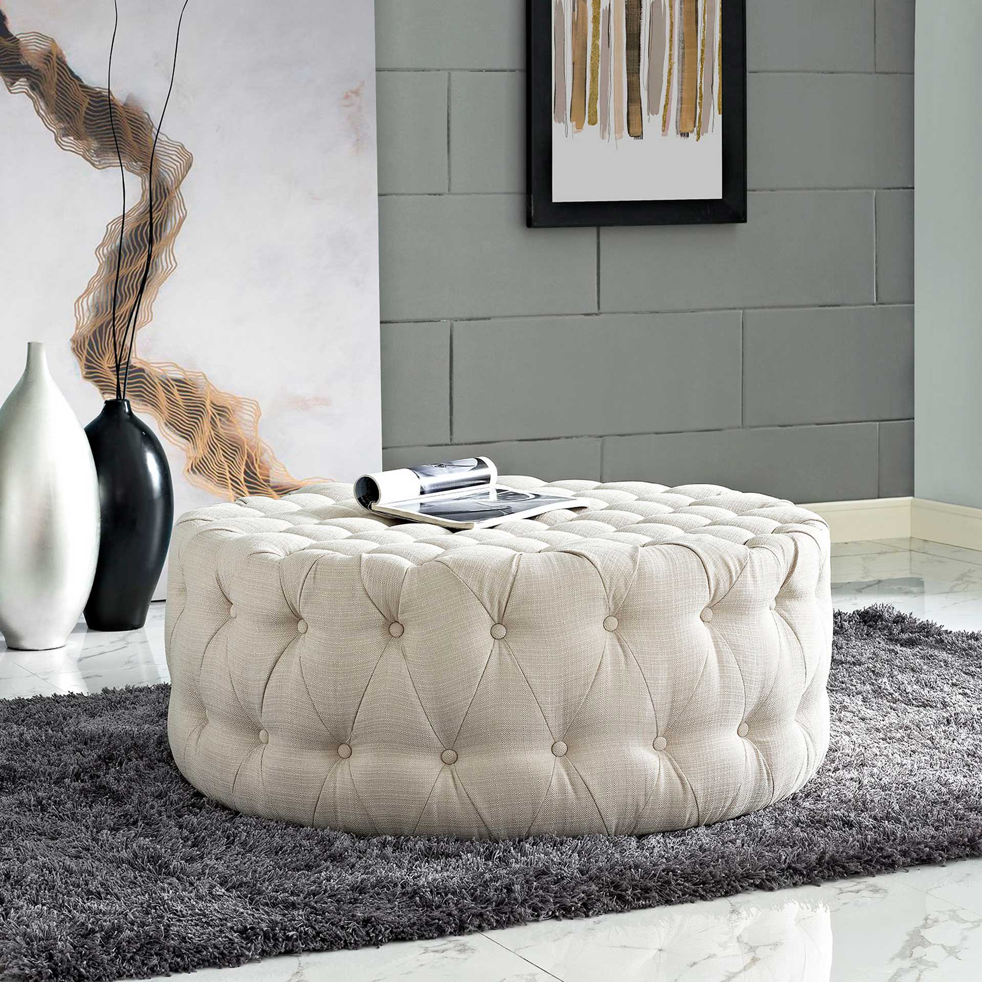 Alain Upholstered Fabric Ottoman Beige - Image 4