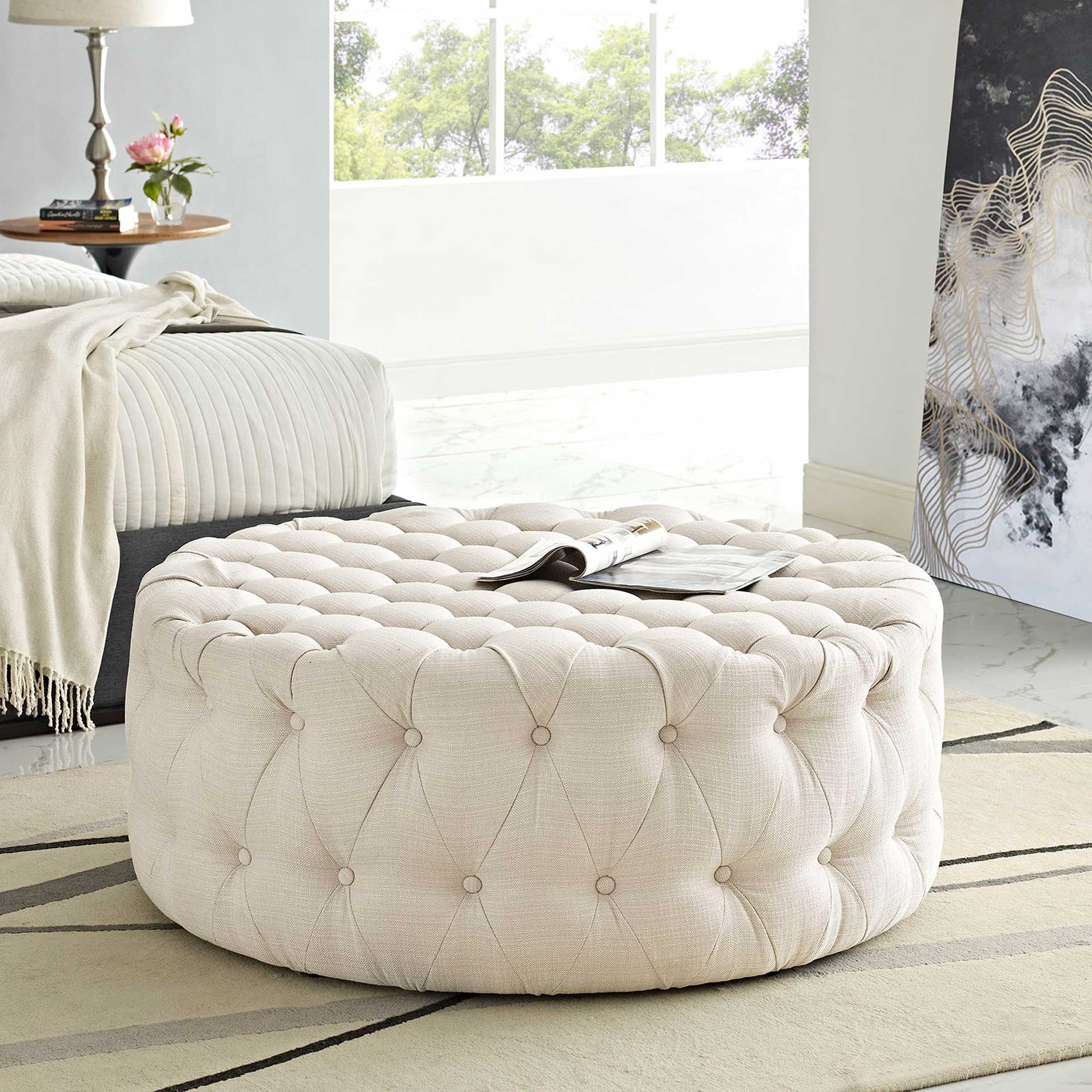 Alain Upholstered Fabric Ottoman Beige - Image 5