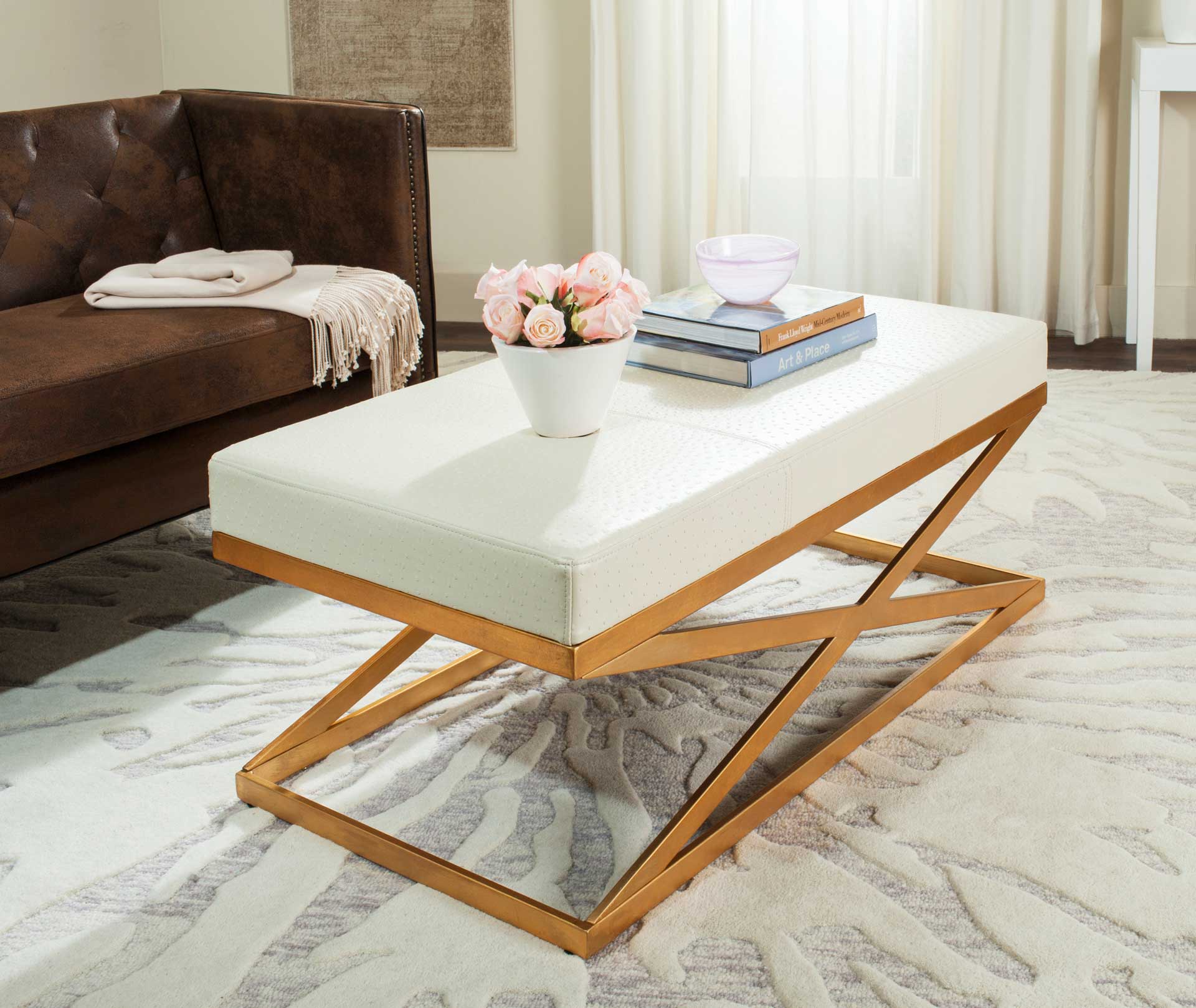 Alaric Faux Ostrich Bench Creme/Gold - Image 6