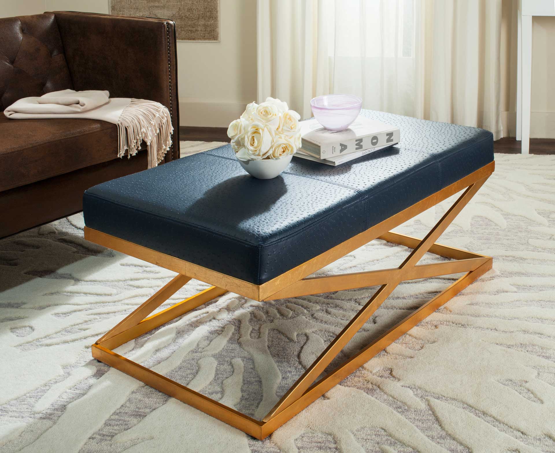 Alaric Faux Ostrich Bench Navy/Gold - Image 5