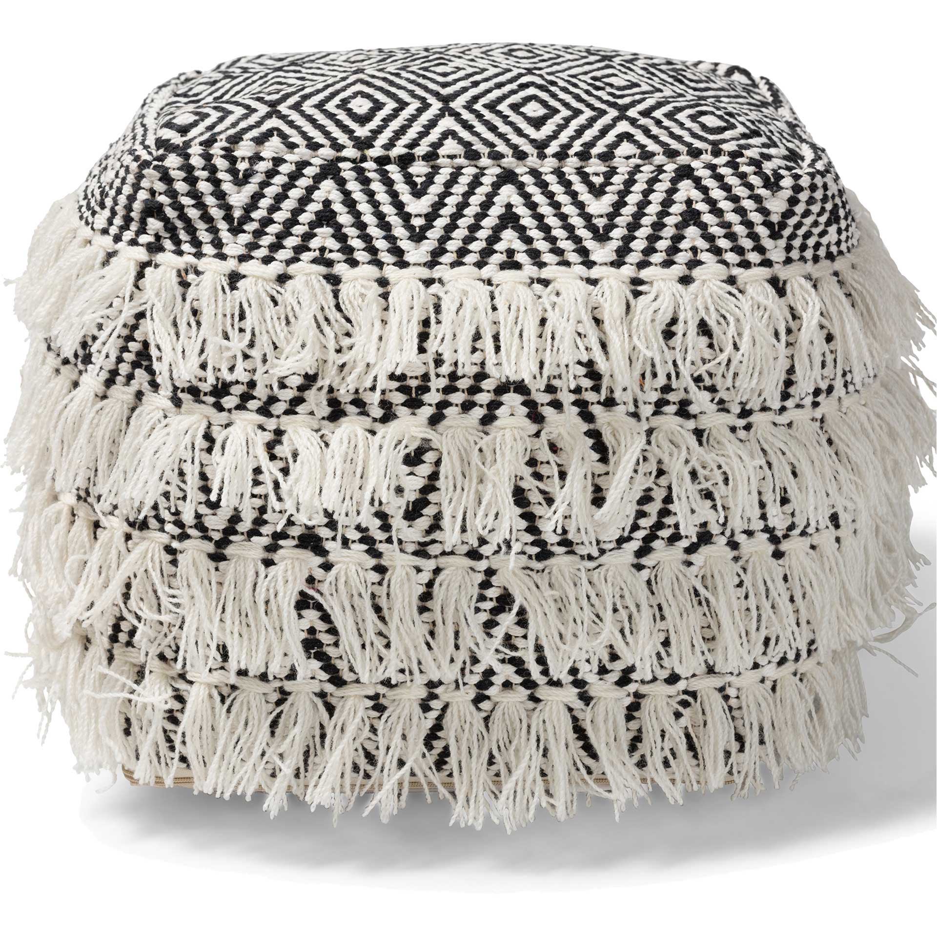 Allison Handwoven Wool Tassel Pouf Black/Ivory - Image 2