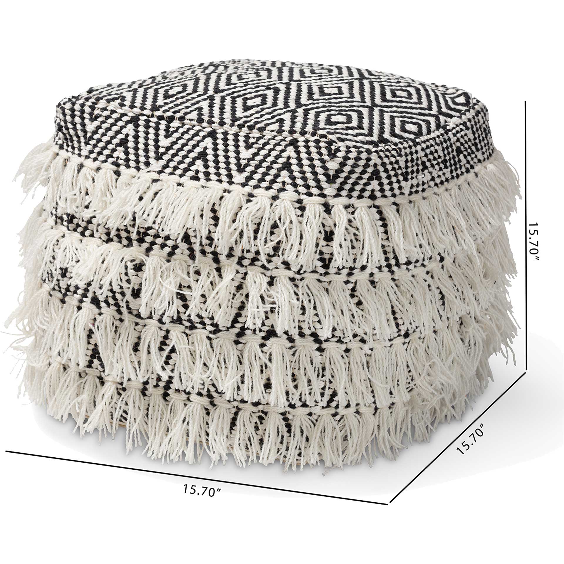 Allison Handwoven Wool Tassel Pouf Black/Ivory - Image 4