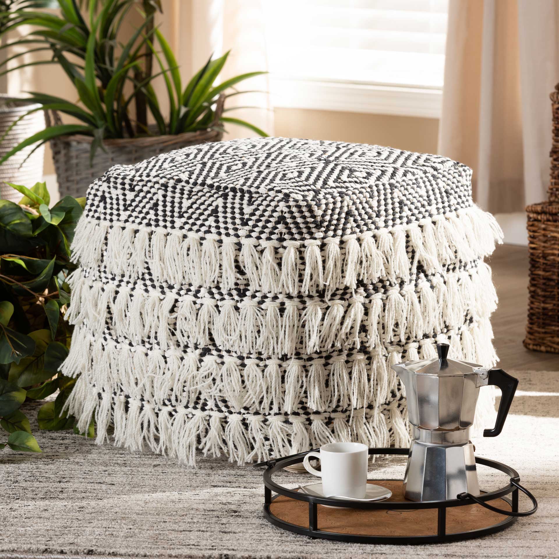 Allison Handwoven Wool Tassel Pouf Black/Ivory - Image 5
