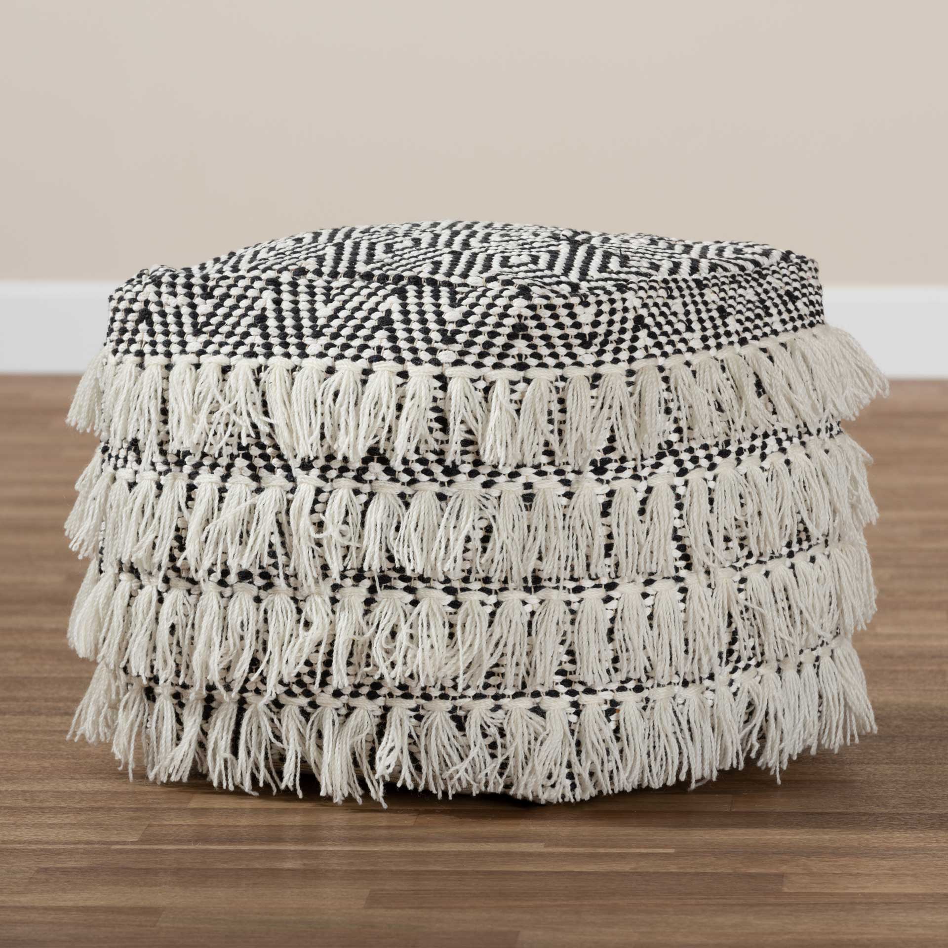 Allison Handwoven Wool Tassel Pouf Black/Ivory - Image 6