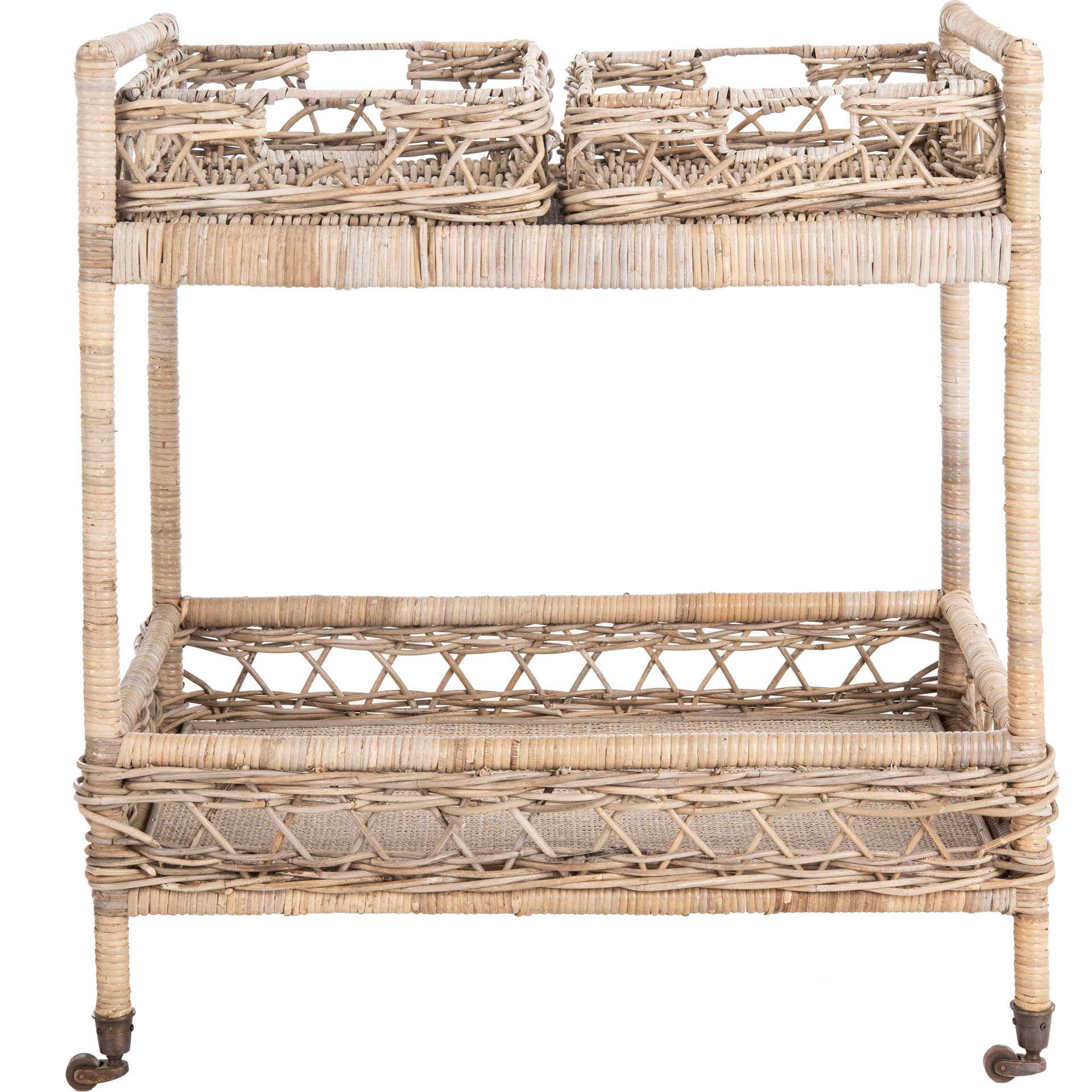 Amalia 2 Tier Rattan Bar Cart Gray Wash/Antique Brass - Image 2