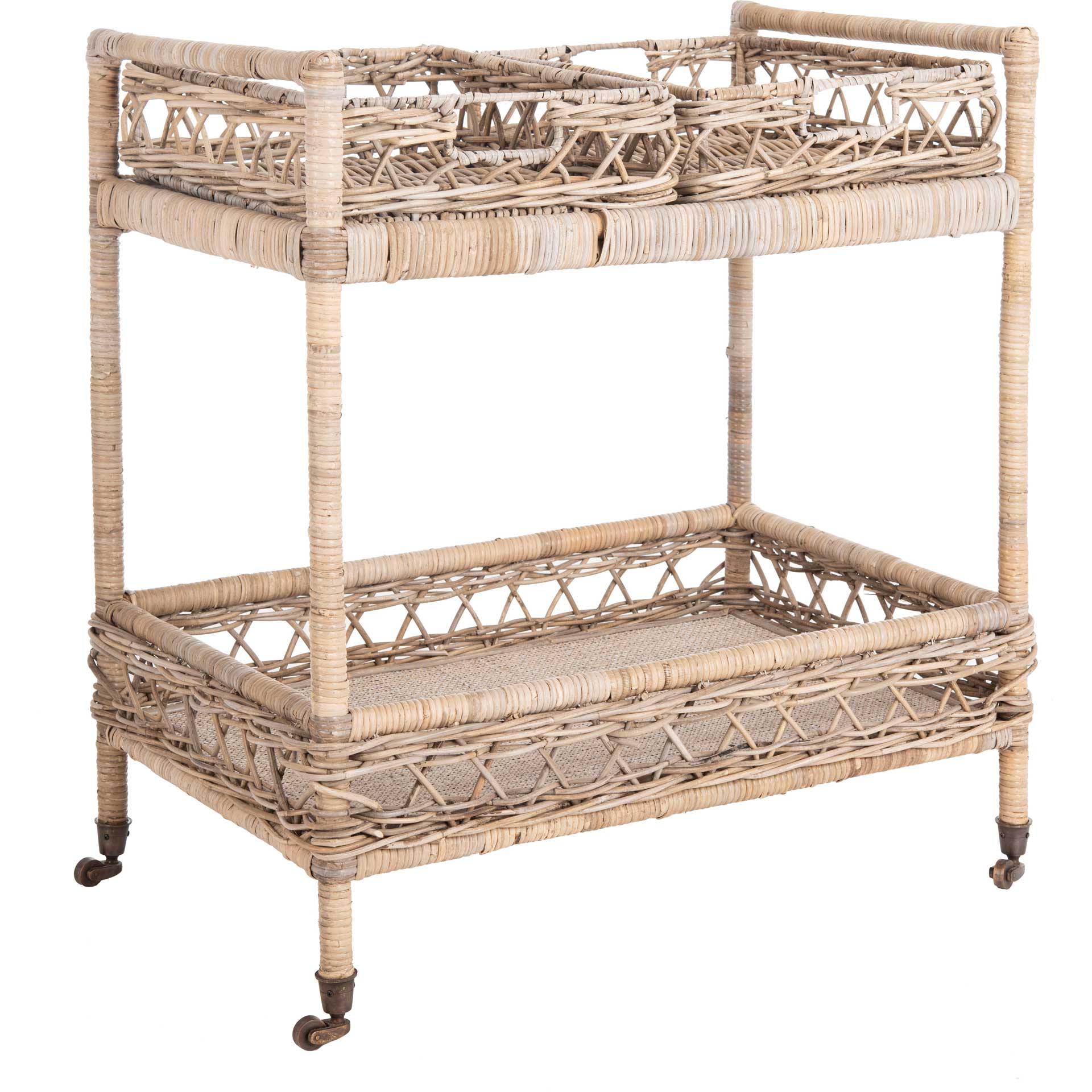Amalia 2 Tier Rattan Bar Cart Gray Wash/Antique Brass - Image 3