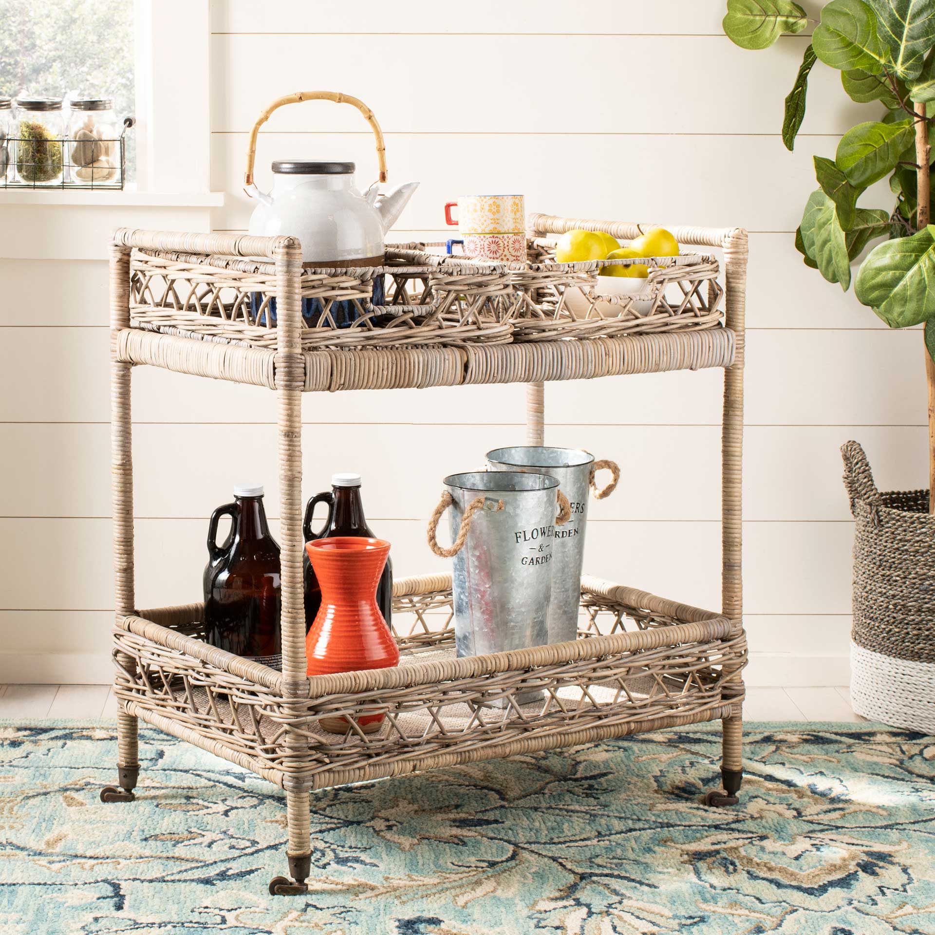 Amalia 2 Tier Rattan Bar Cart Gray Wash/Antique Brass - Image 7