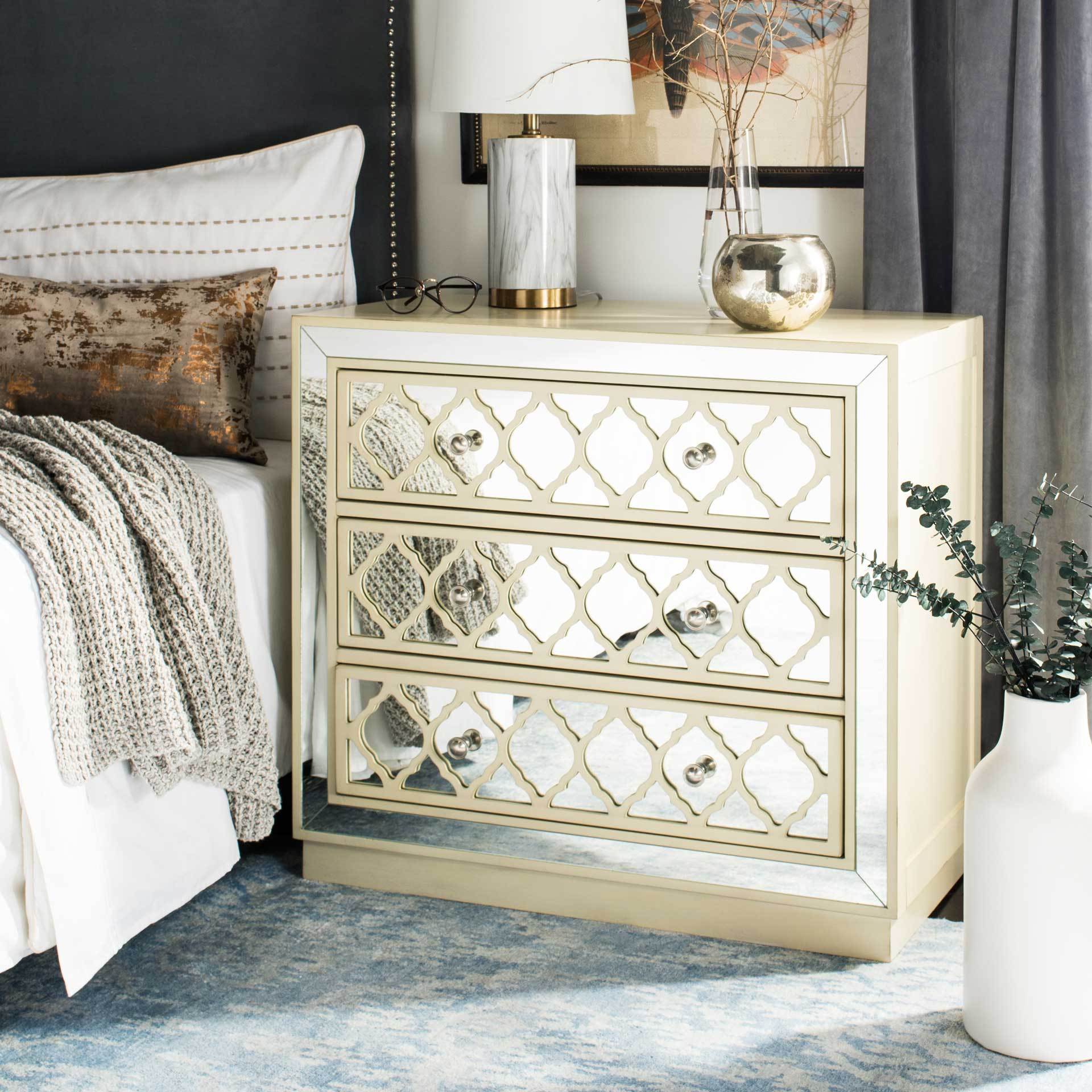 Amira 3 Drawer Chest Antique Beige/Nickel/Mirror - Image 4