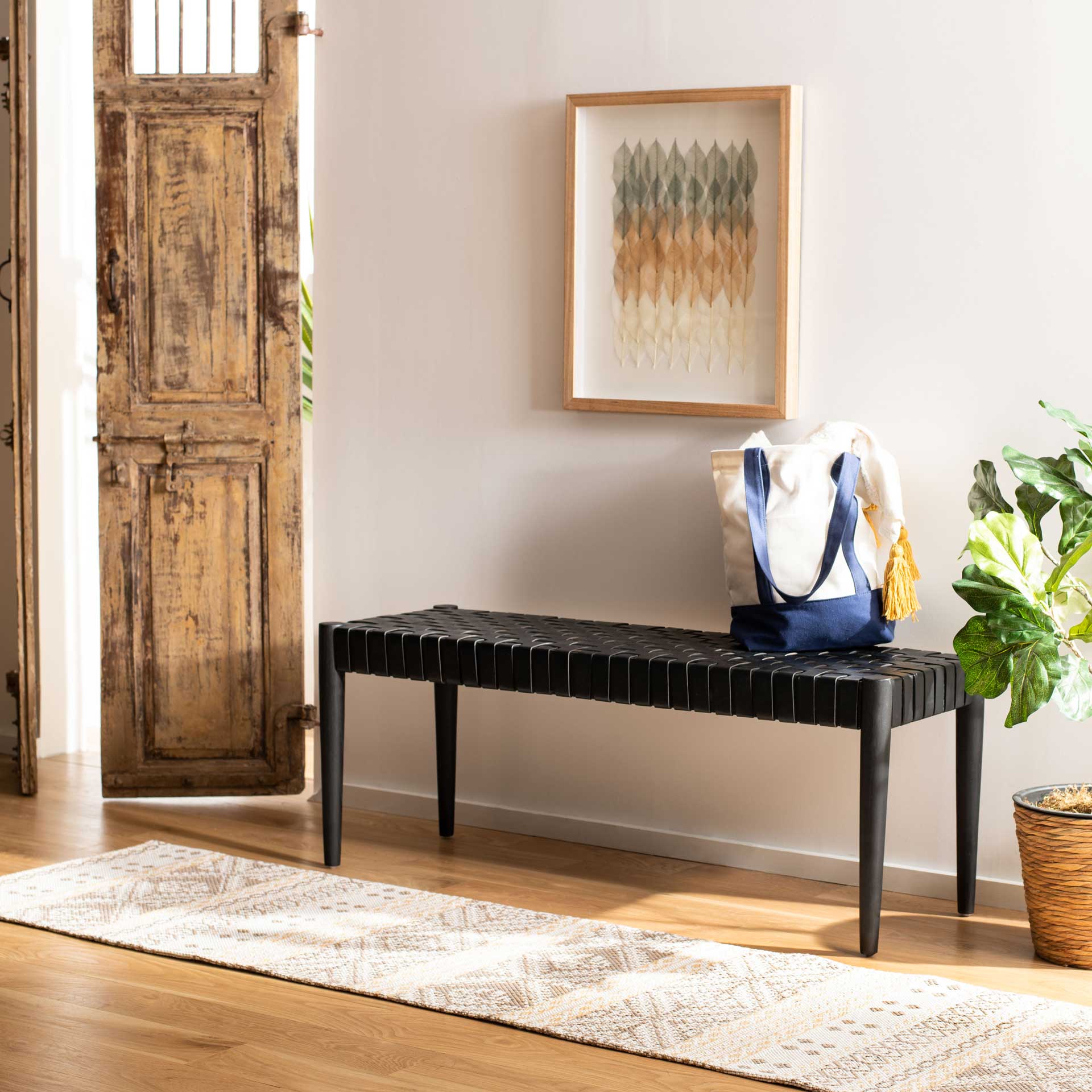 Amos Leather Weave Bench Black - Image 6