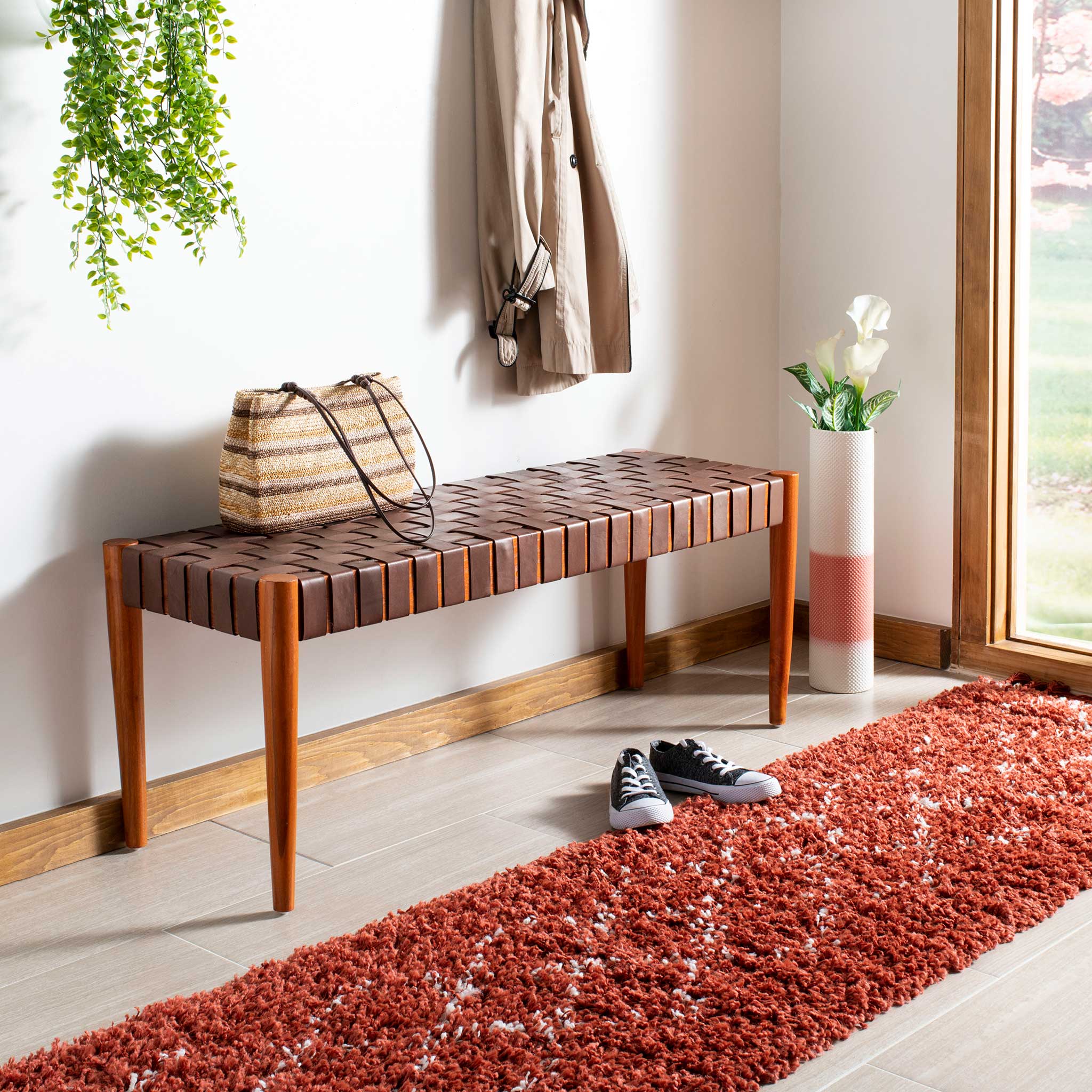 Amos Leather Weave Bench Cognac/Dark Brown - Image 7