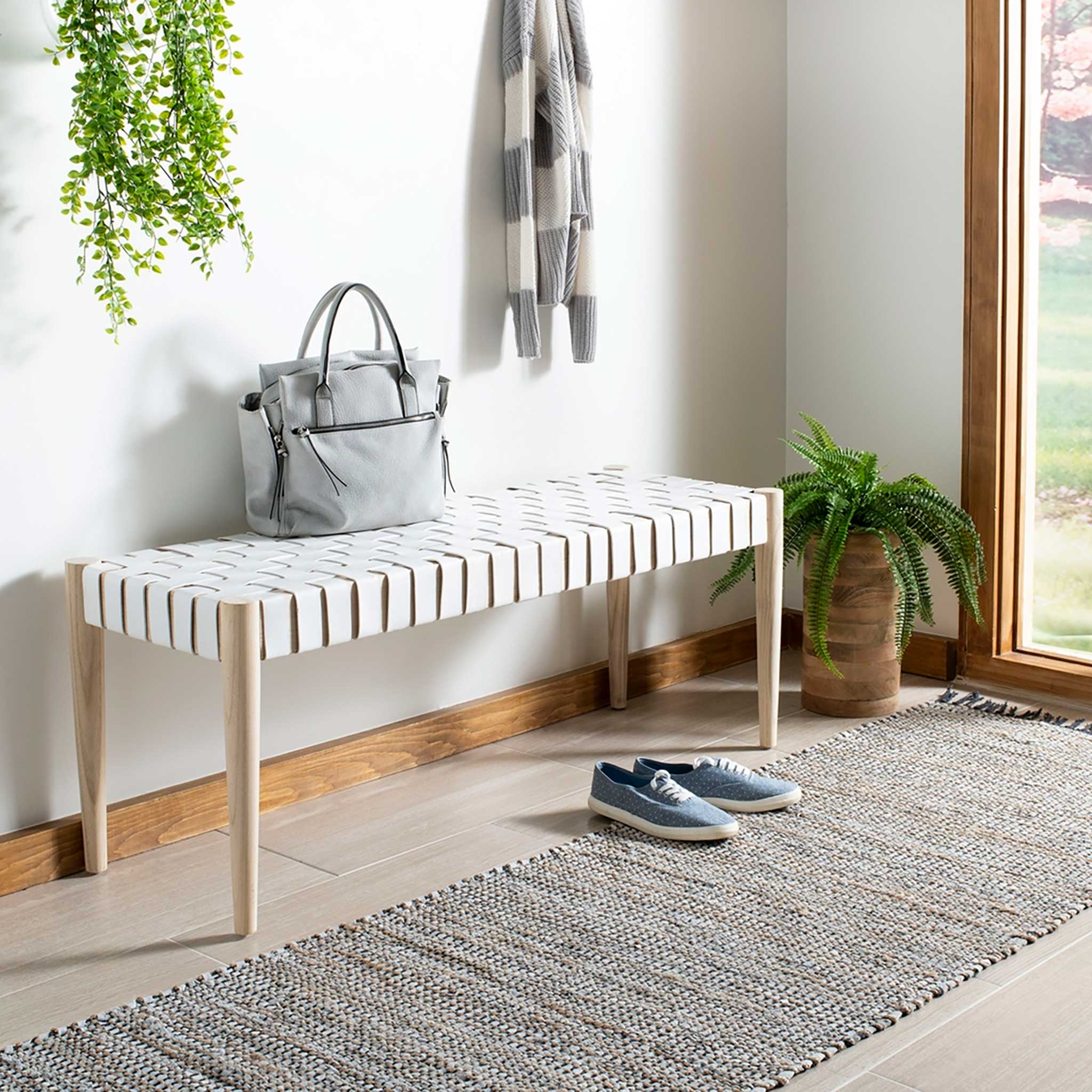 Amos Leather Weave Bench White/Light Oak - Image 9