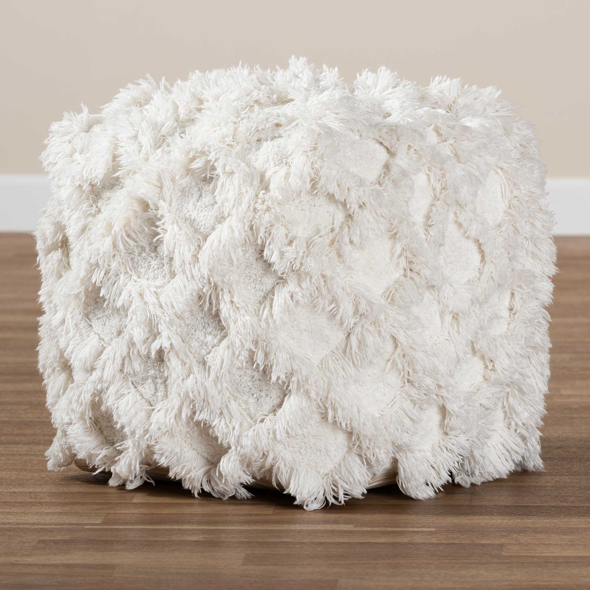 Ashley Handwoven Cotton Fringe Pouf Ivory - Image 5