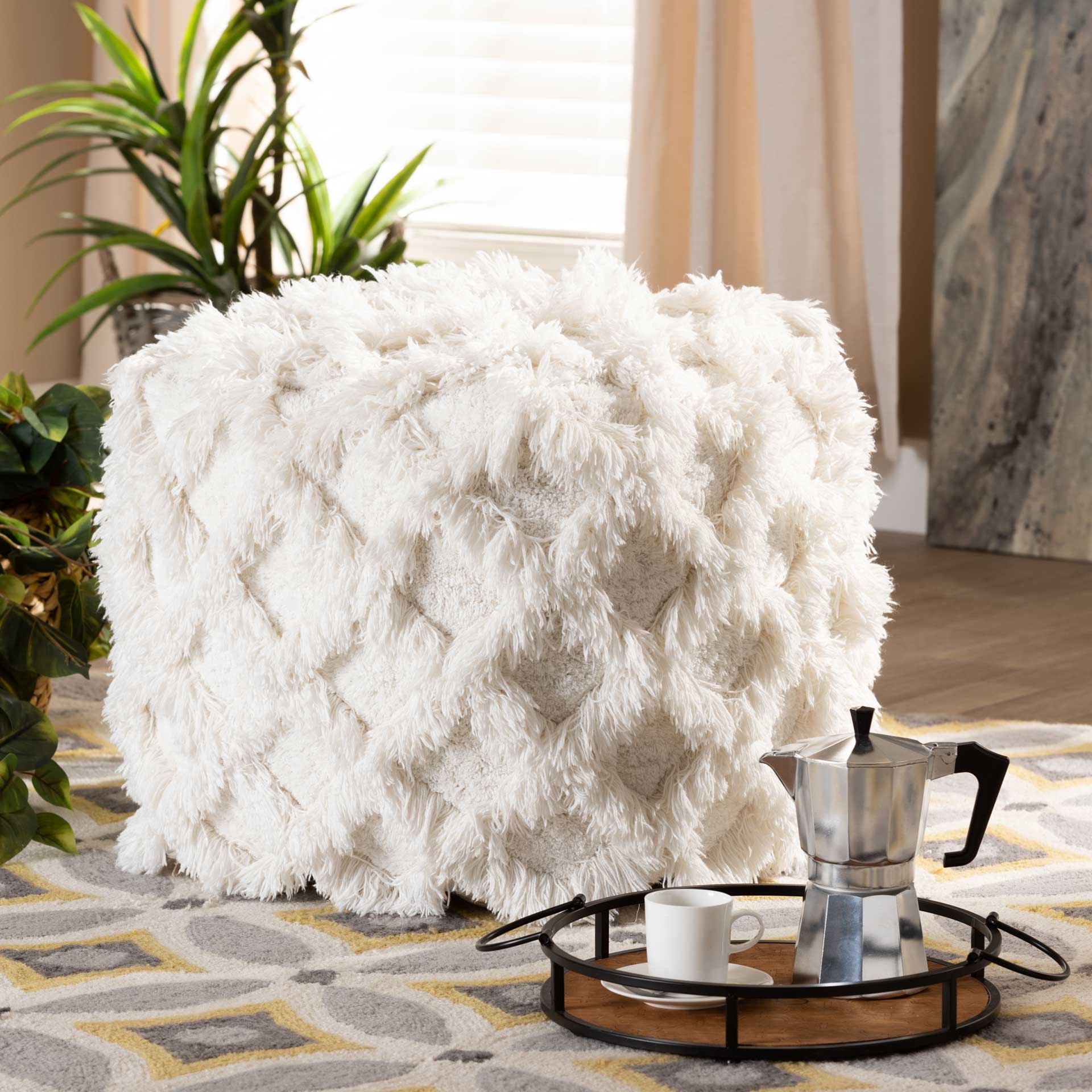 Ashley Handwoven Cotton Fringe Pouf Ivory - Image 6
