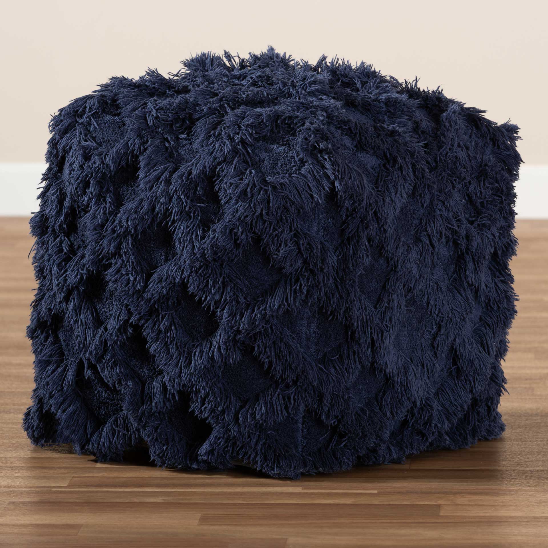 Ashley Handwoven Cotton Fringe Pouf Navy - Image 5