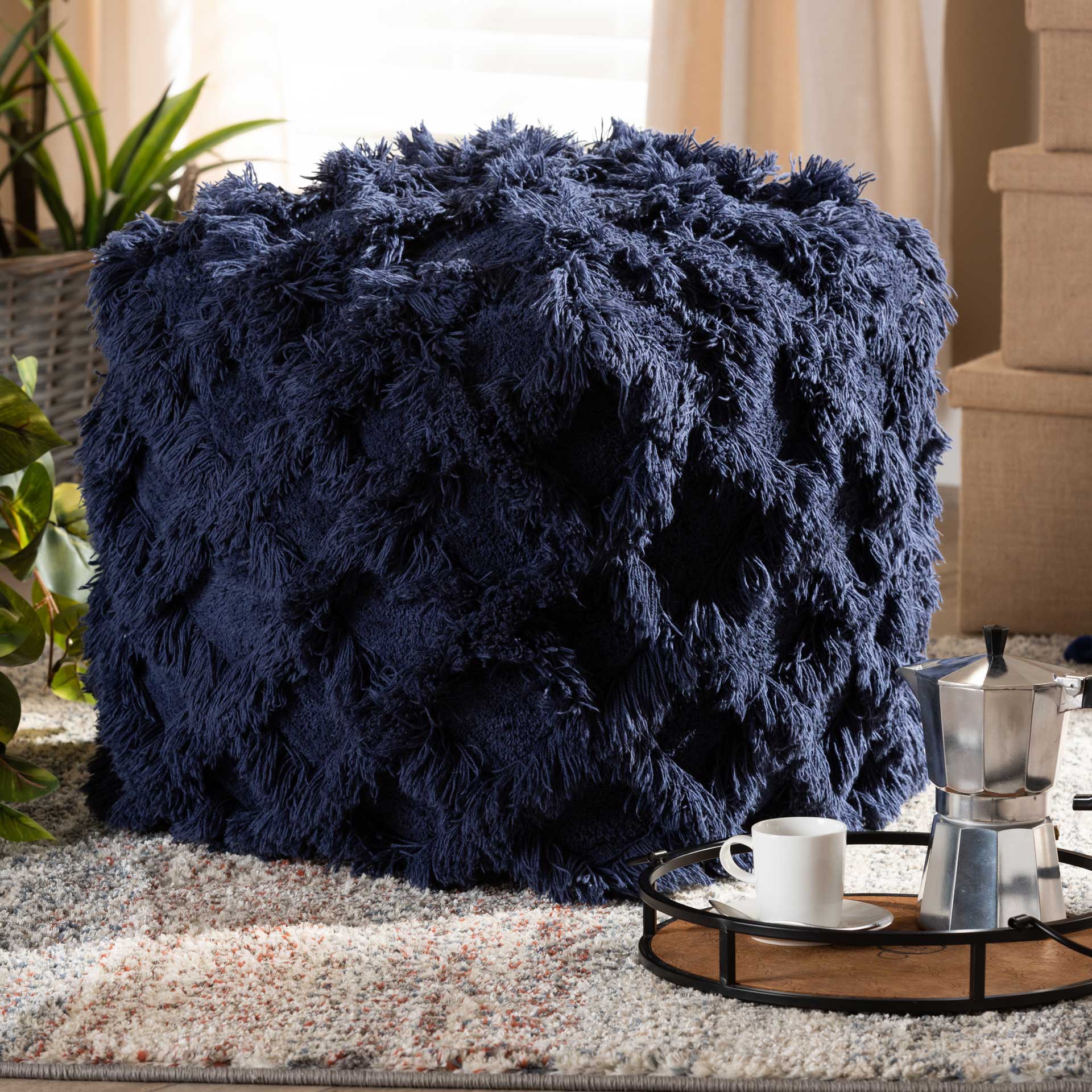 Ashley Handwoven Cotton Fringe Pouf Navy - Image 6