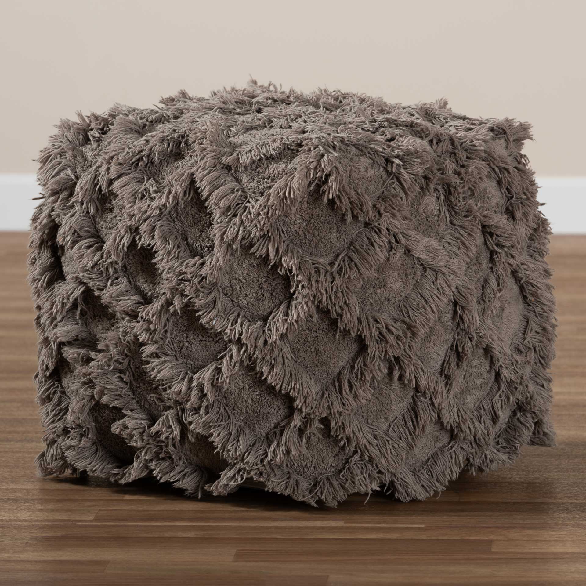 Ashley Handwoven Cotton Fringe Pouf Taupe - Image 5