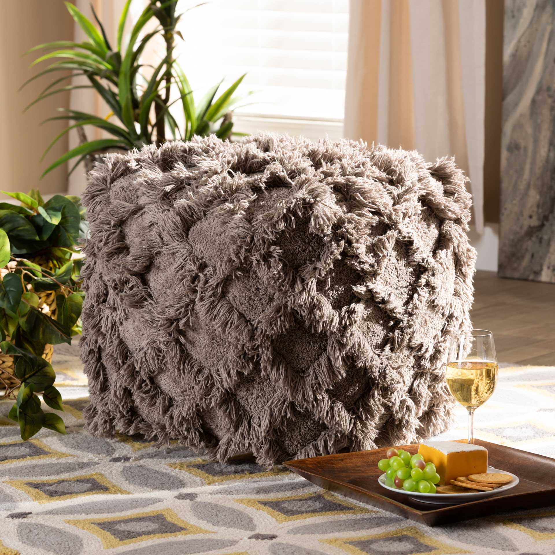 Ashley Handwoven Cotton Fringe Pouf Taupe - Image 6