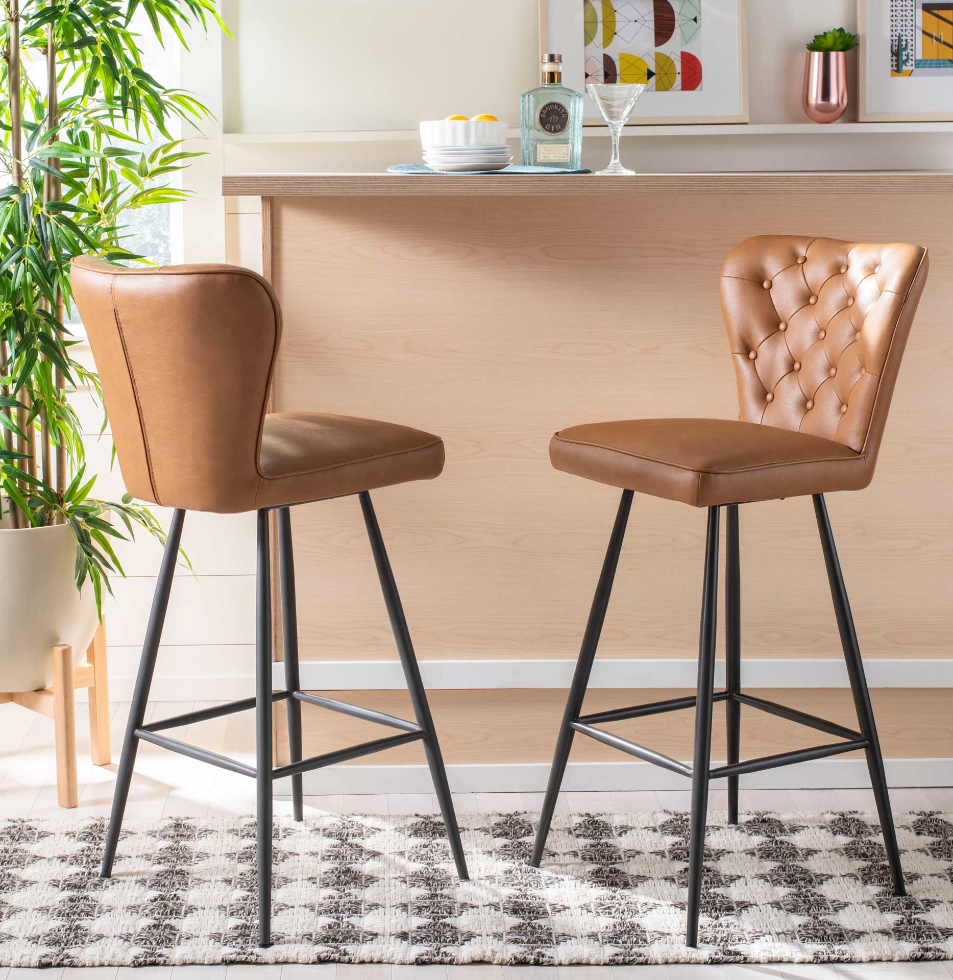 Ashlynn Leather Tufted Bar Stool Camel/Black (Set of 2) - Image 8