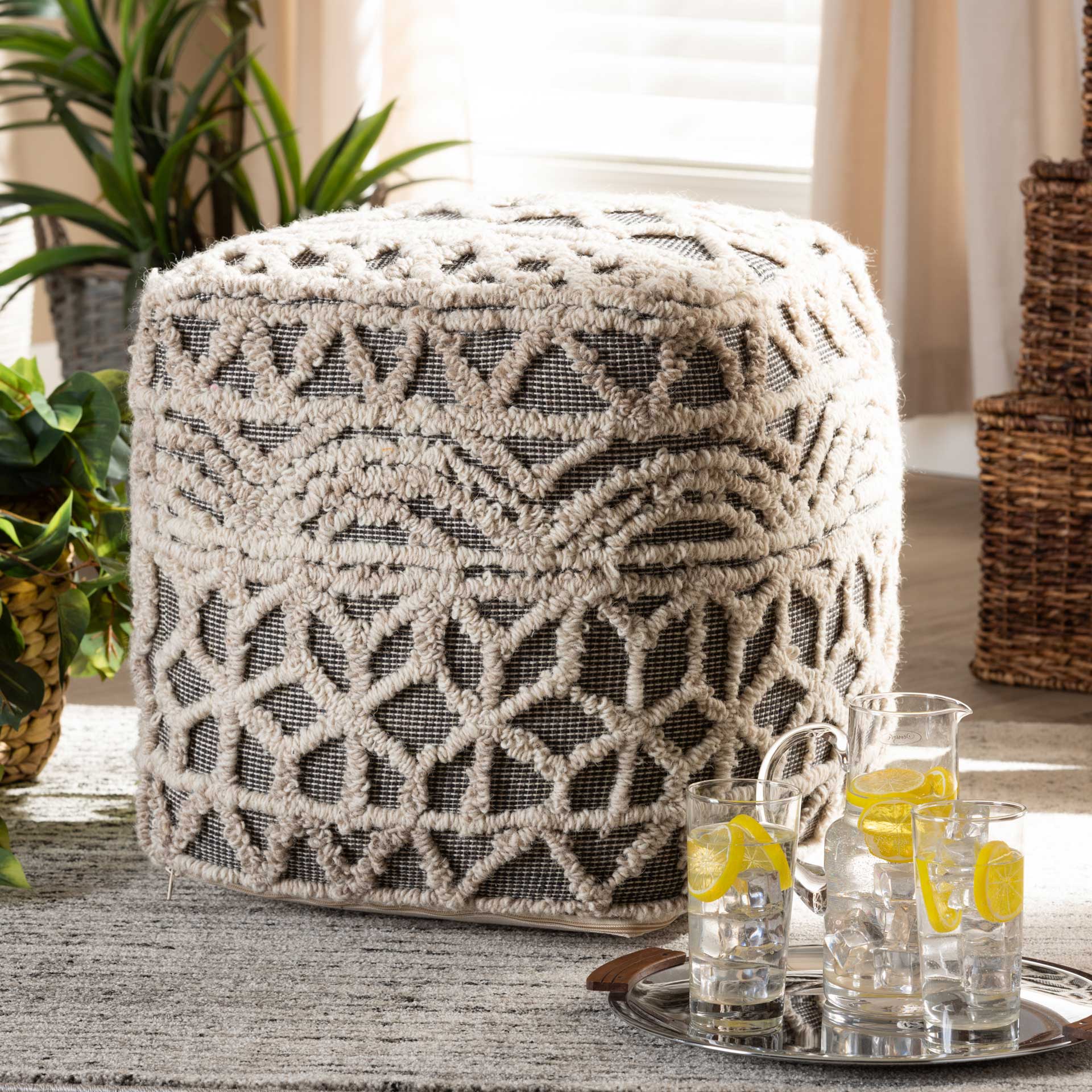 Ava Handwoven Cotton Pouf Beige/Brown - Image 6