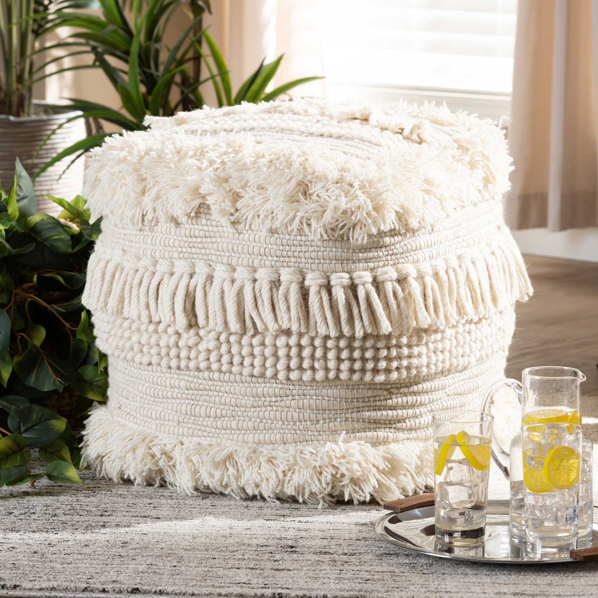 Bailey Handwoven Cotton Pouf Beige - Image 6
