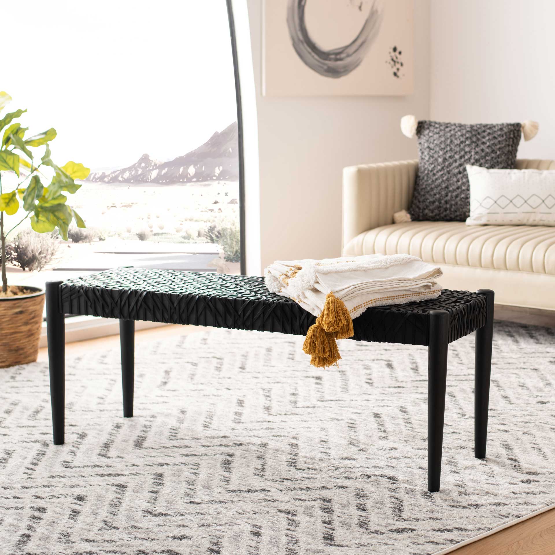 Baize Leather Weave Bench Black/Black - Image 7