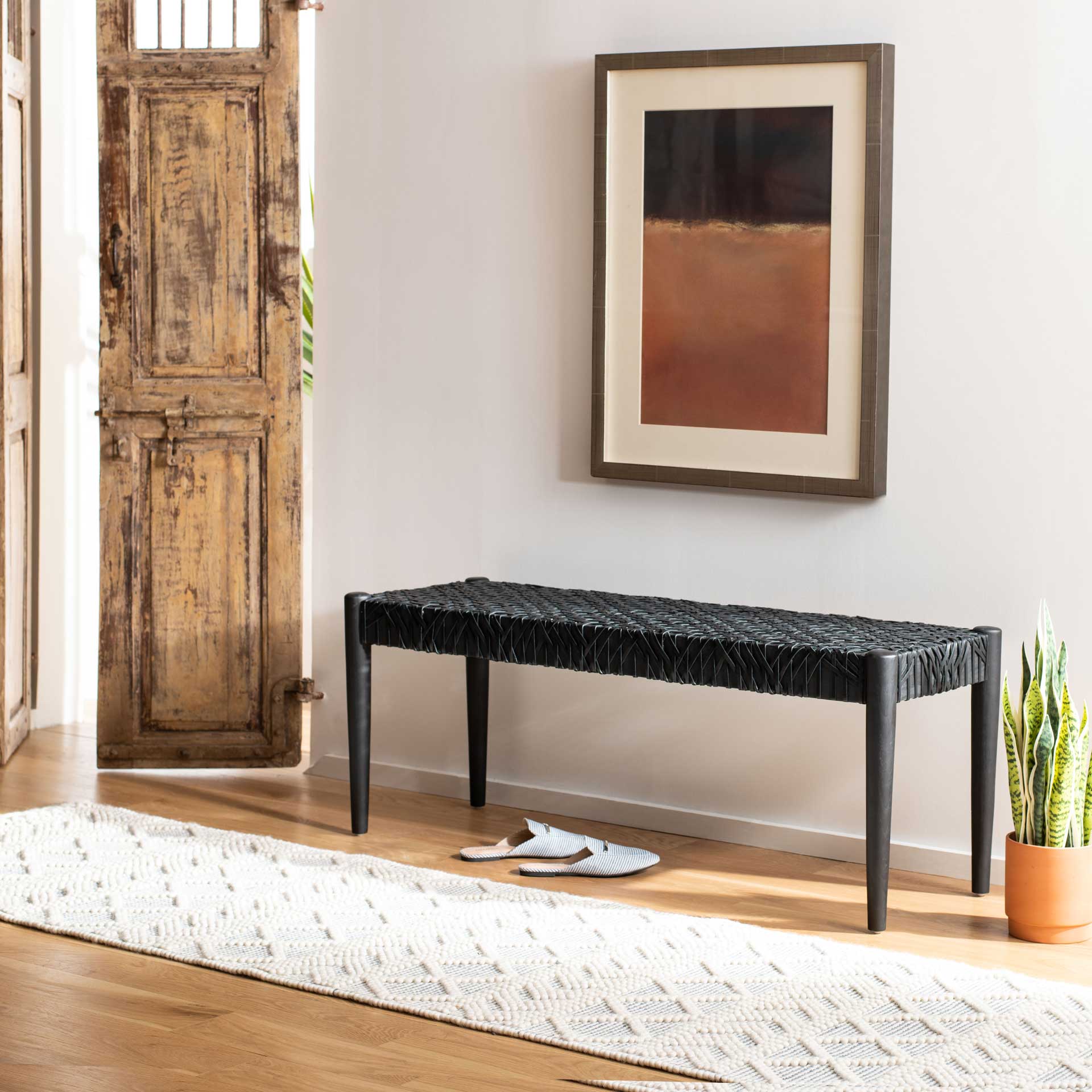 Baize Leather Weave Bench Black/Black - Image 8
