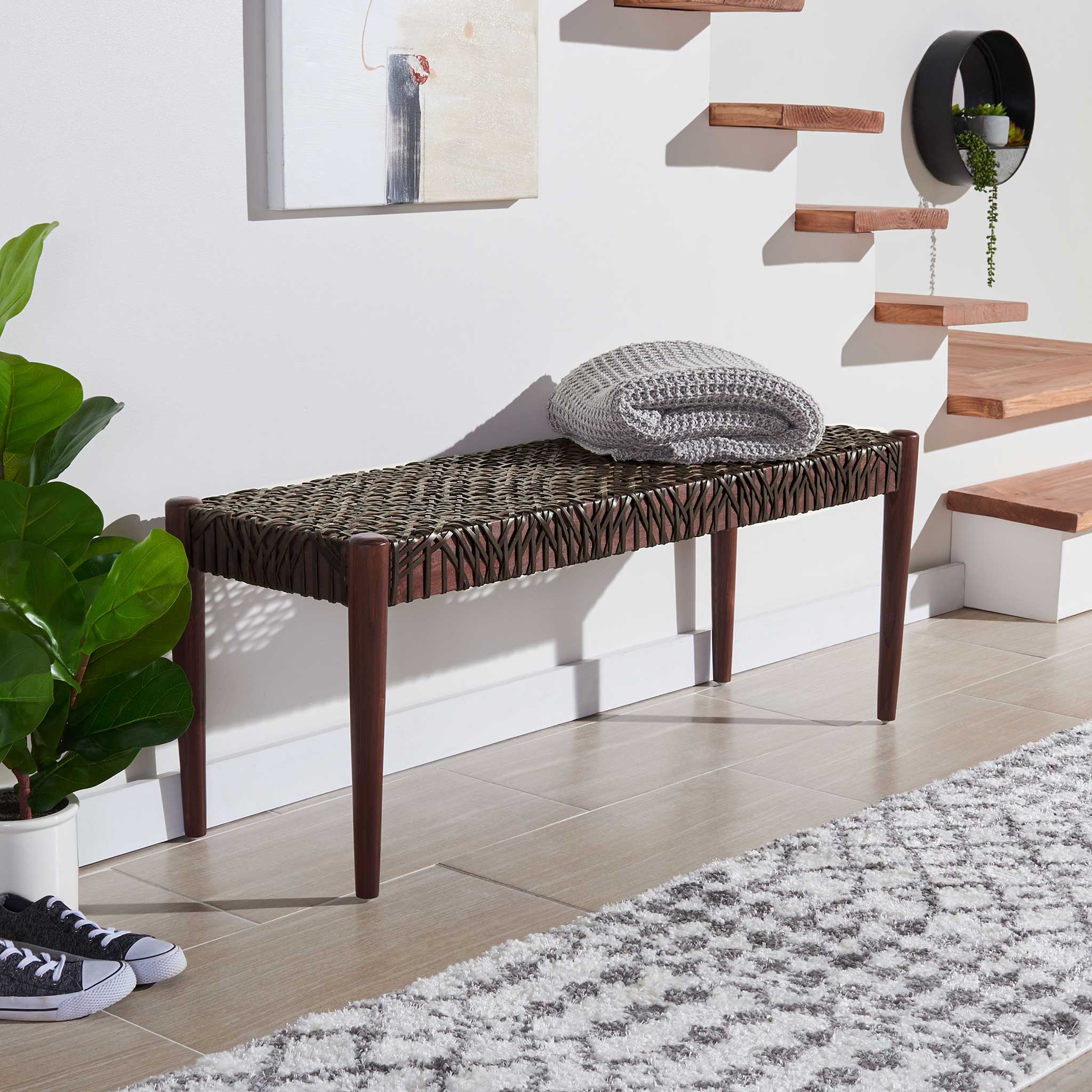 Baize Leather Weave Bench Brown/Brown - Image 6