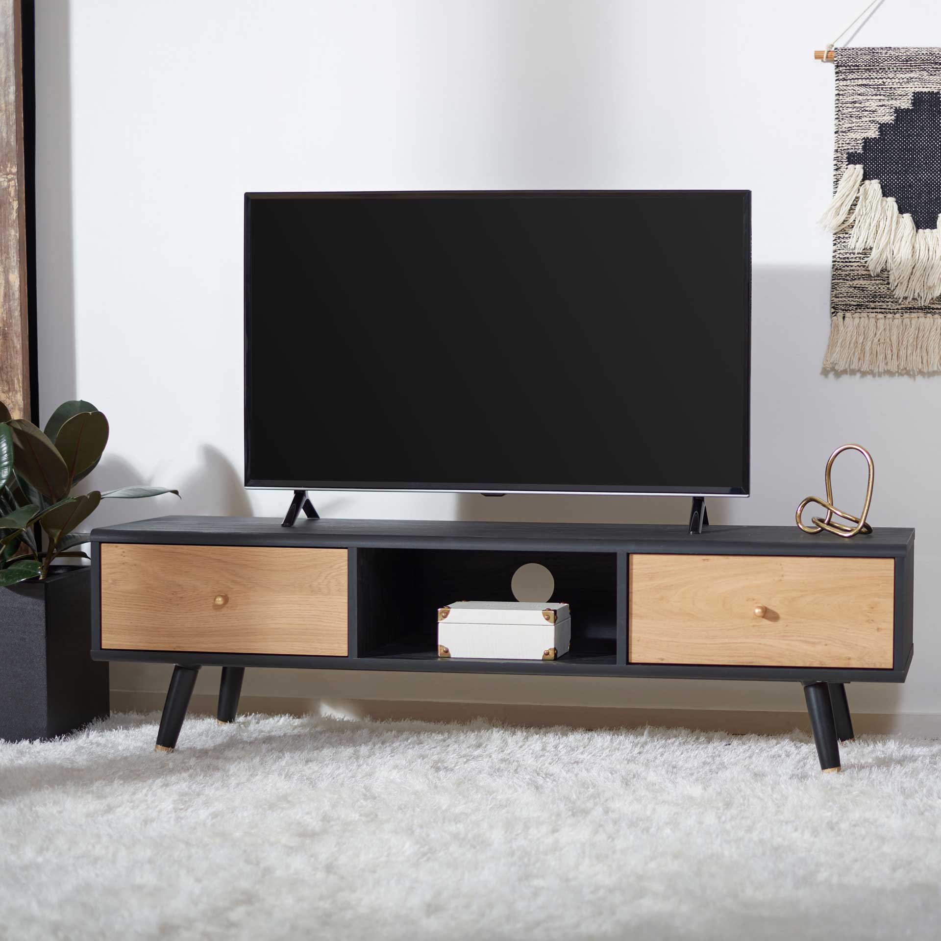 Beijing 2 Drawer 1 Shelf Media Stand Black/Oak/Gold - Image 7