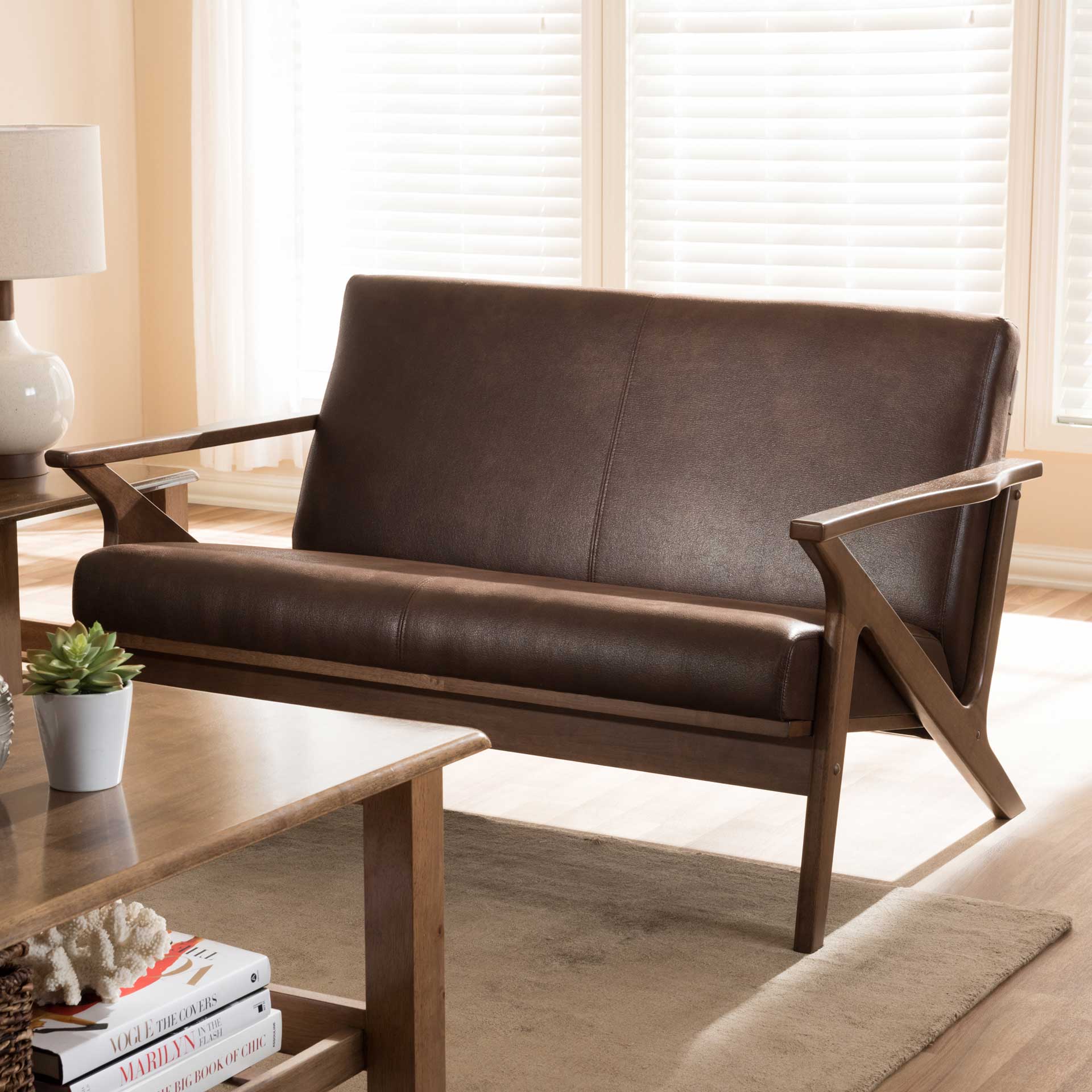 Birdie Distressed Faux Leather Loveseat Dark Brown/Walnut - Image 6