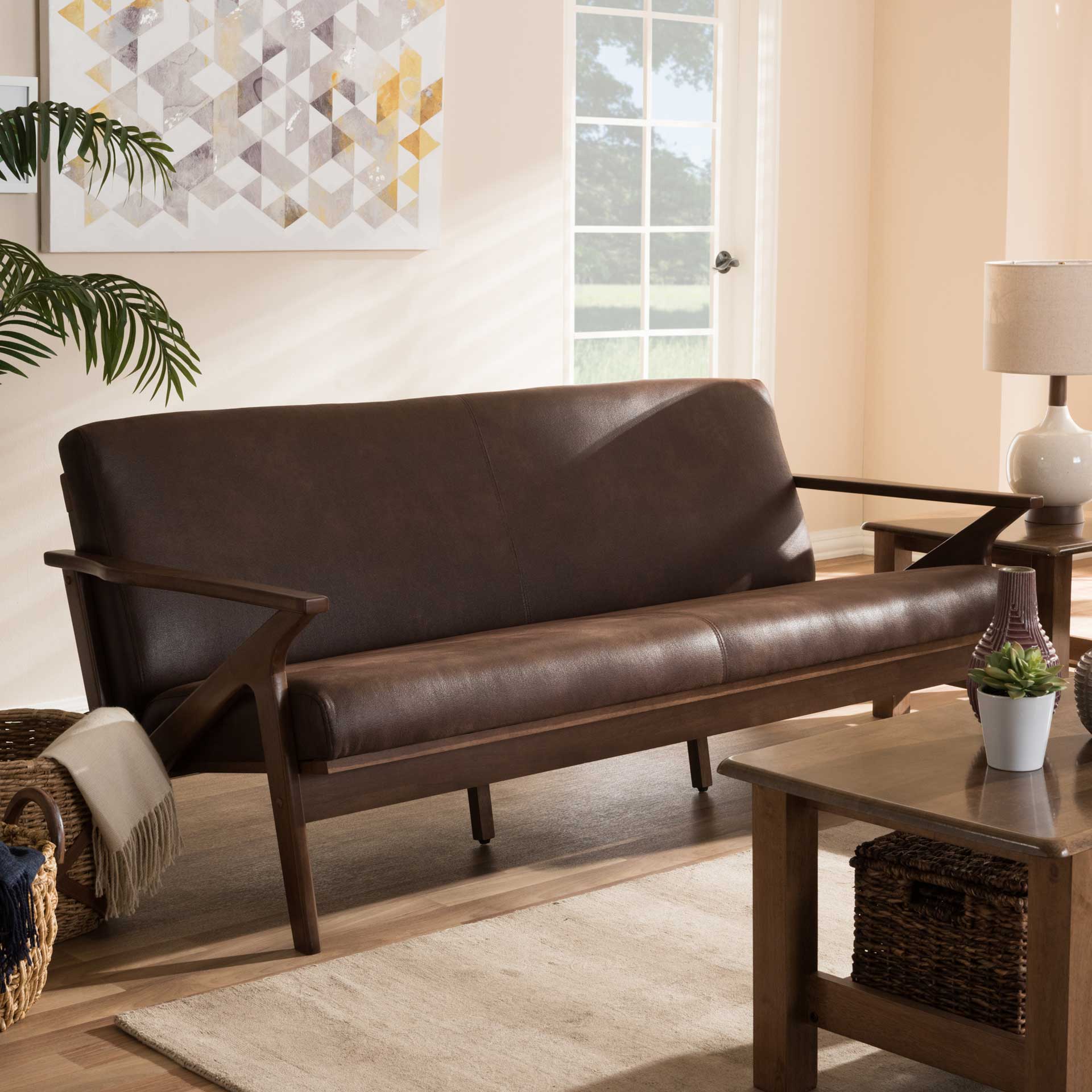 Birdie Distressed Faux Leather Sofa Dark Brown/Walnut - Image 7