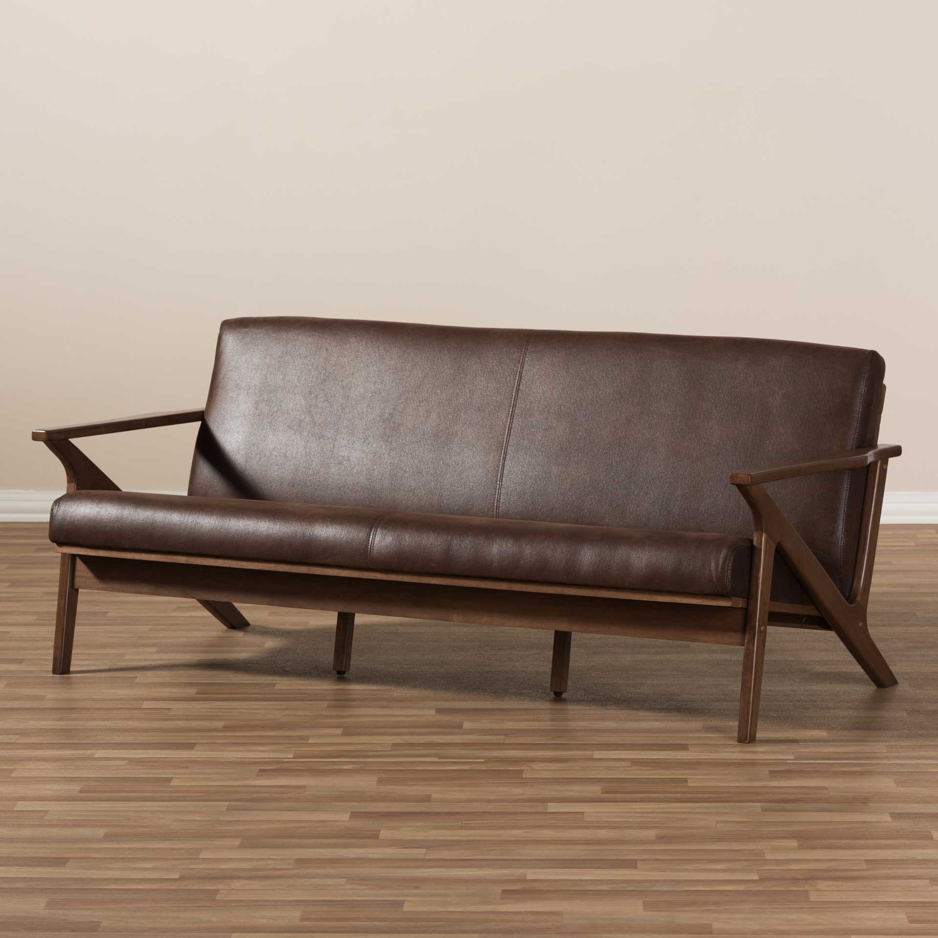 Birdie Distressed Faux Leather Sofa Dark Brown/Walnut - Image 8