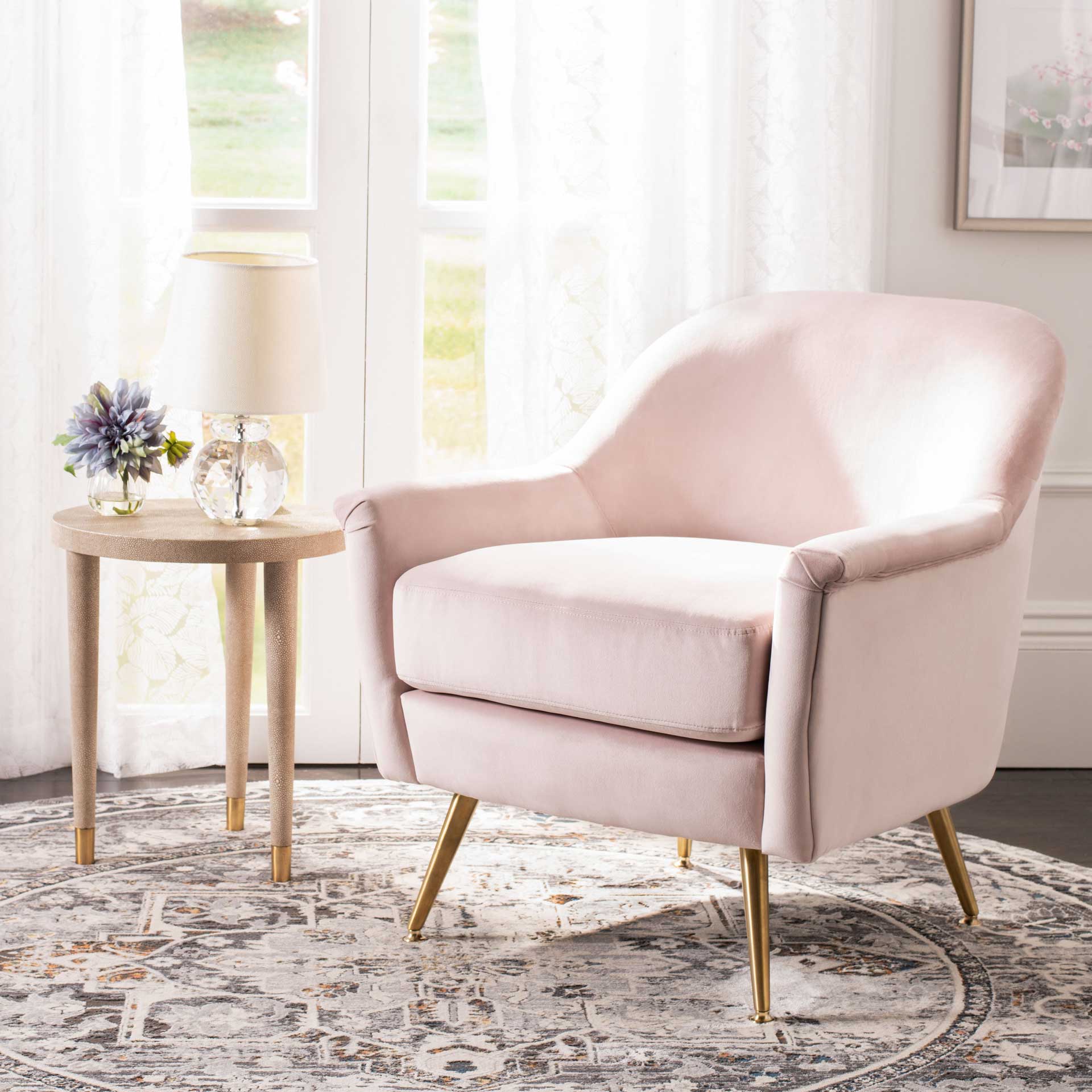 Brendan Mid Century Arm Chair Blush Pink/Brass - Image 9