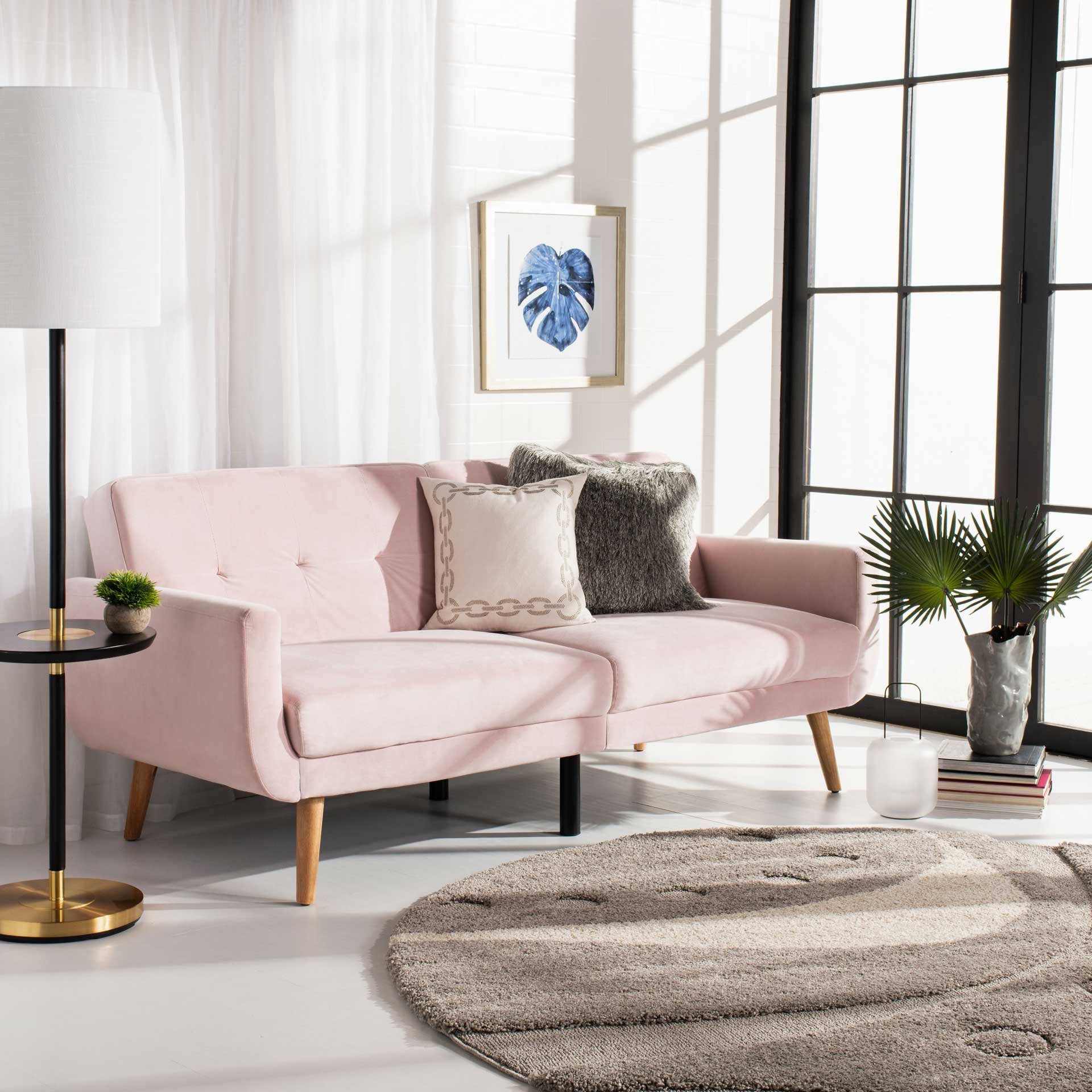 Burke Foldable Futon Bed Pink Velvet/Natural - Image 8