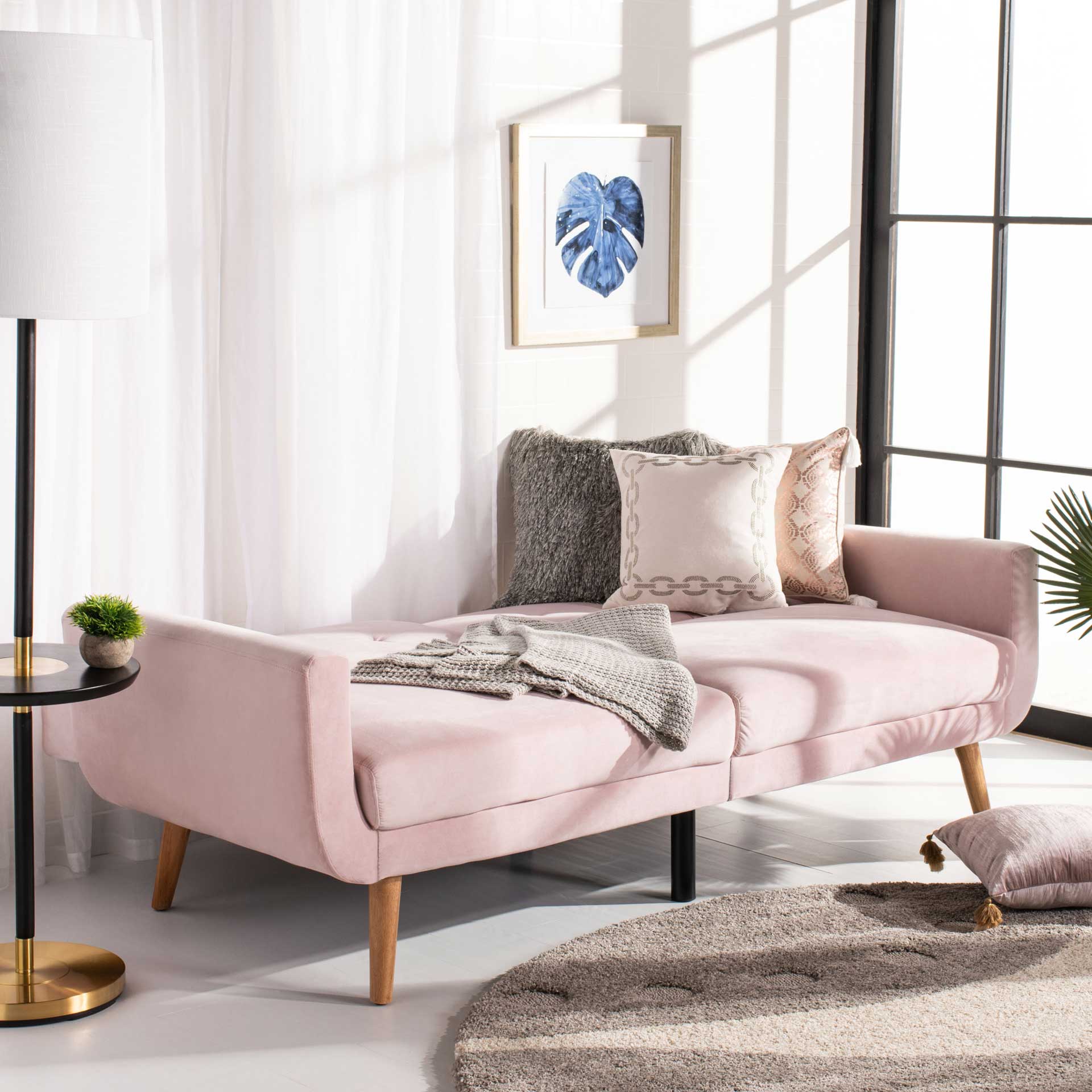 Burke Foldable Futon Bed Pink Velvet/Natural - Image 9