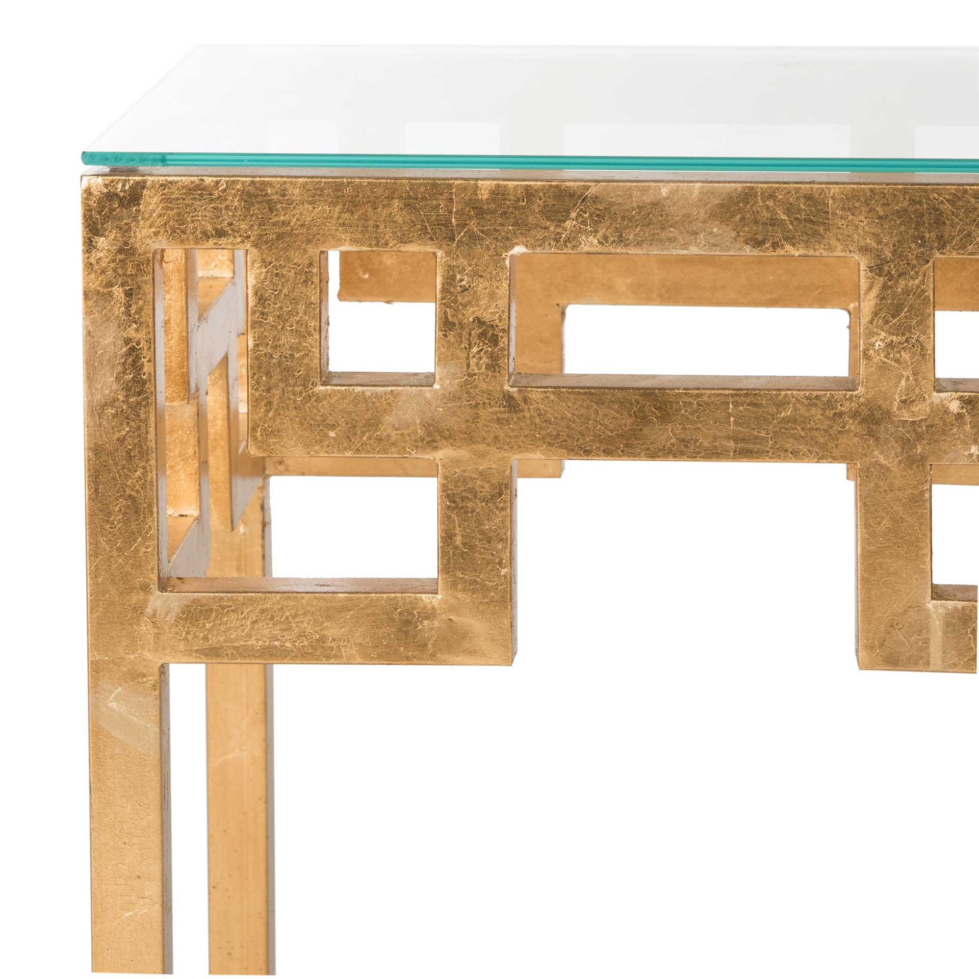 Byrnes Greek Key Glass Top End Table Antique Gold - Image 2