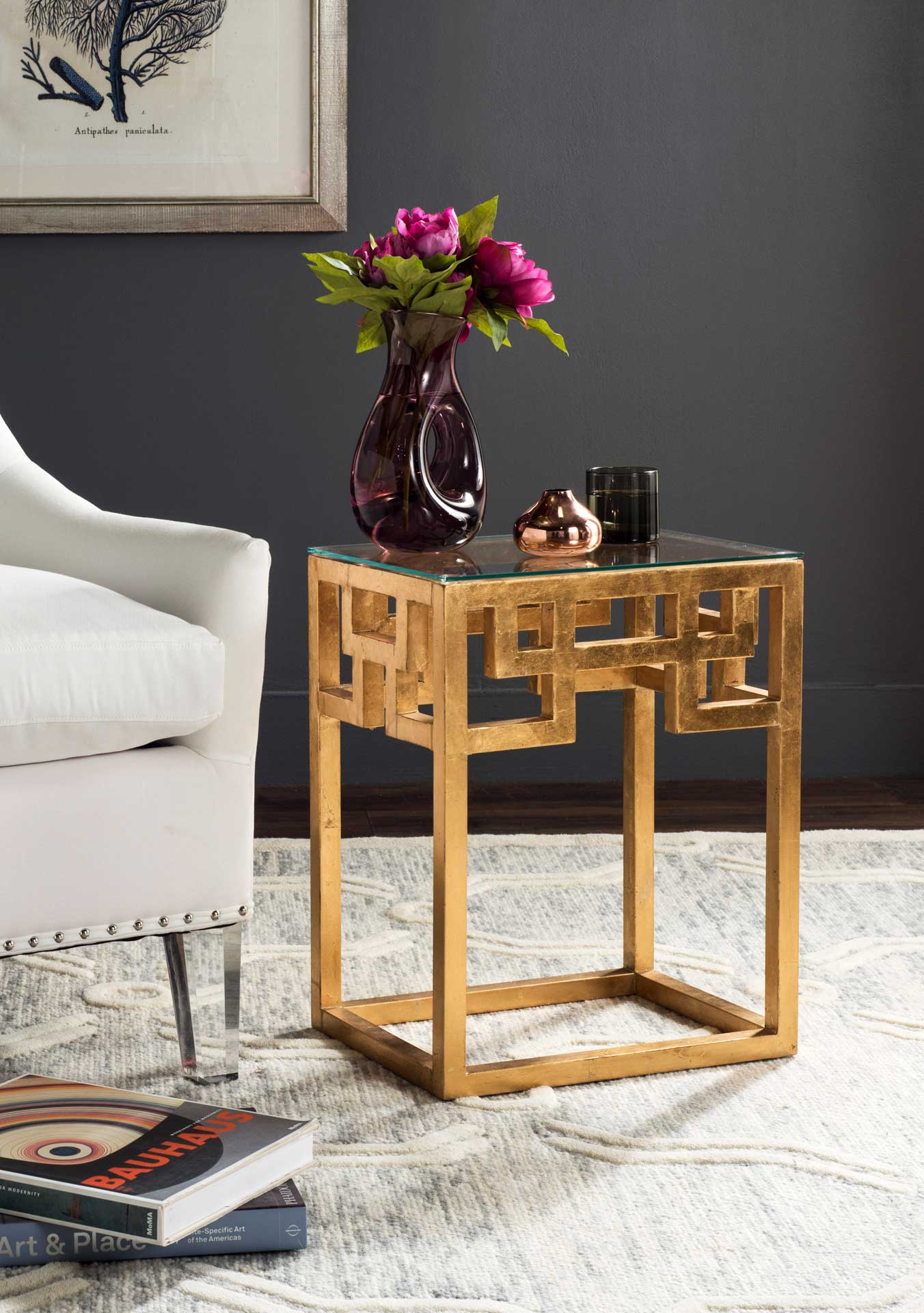 Byrnes Greek Key Glass Top End Table Antique Gold - Image 4