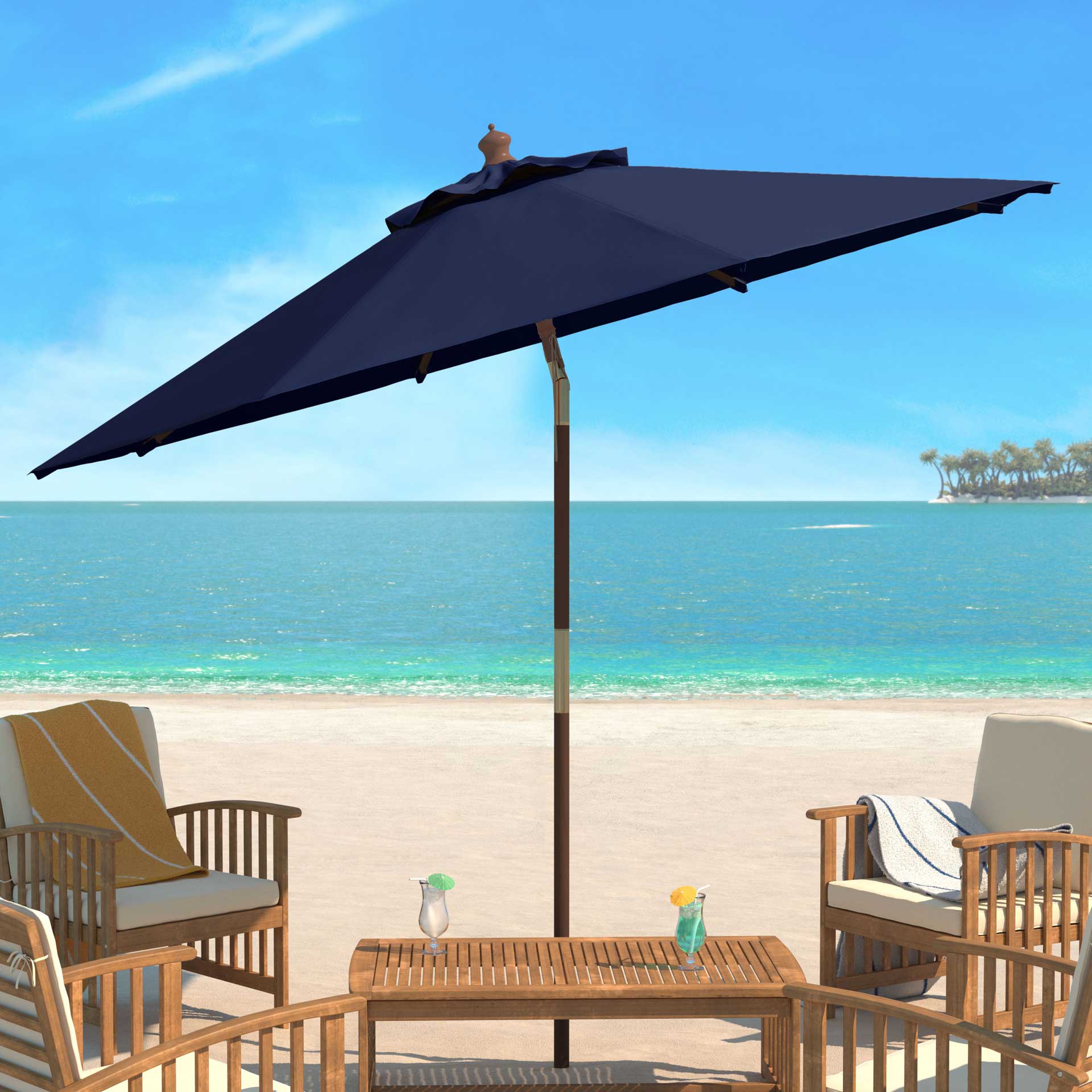 Calico Wooden Outdoor Umbrella Navy - Image 4