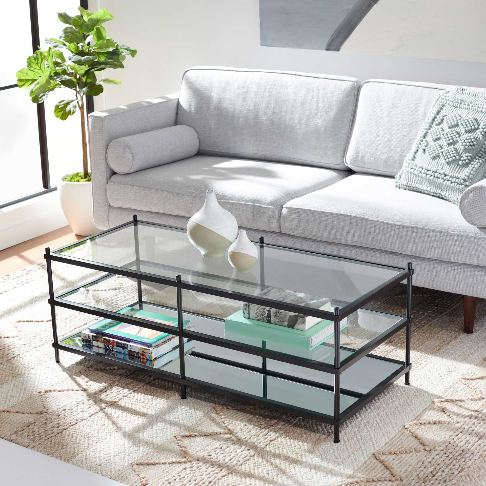 Calla Glass/Mirror Coffee Table Matte Black/Glass/Mirror - Image 4