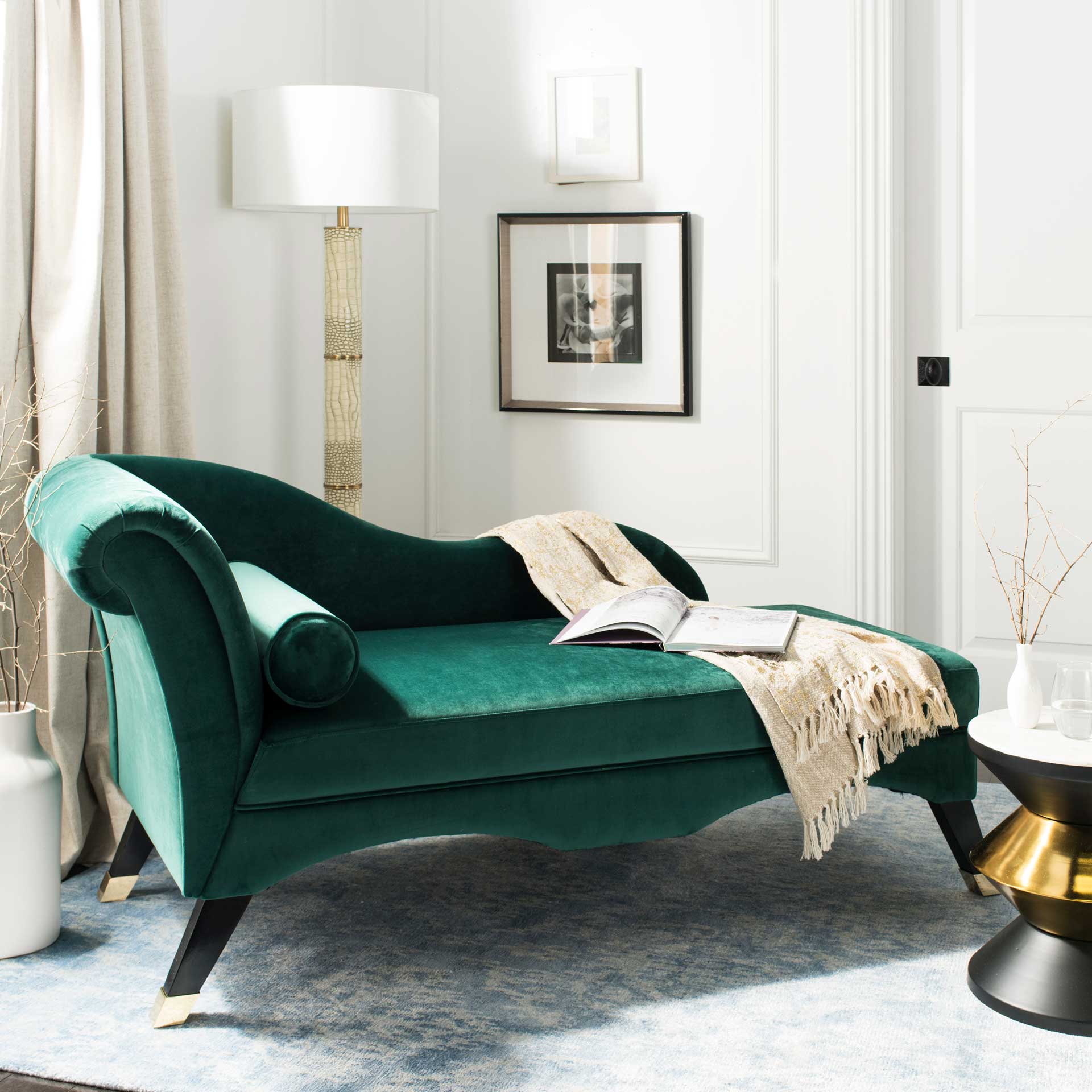 Camp Velvet Chaise With Pillow Emerald/Espresso - Image 7
