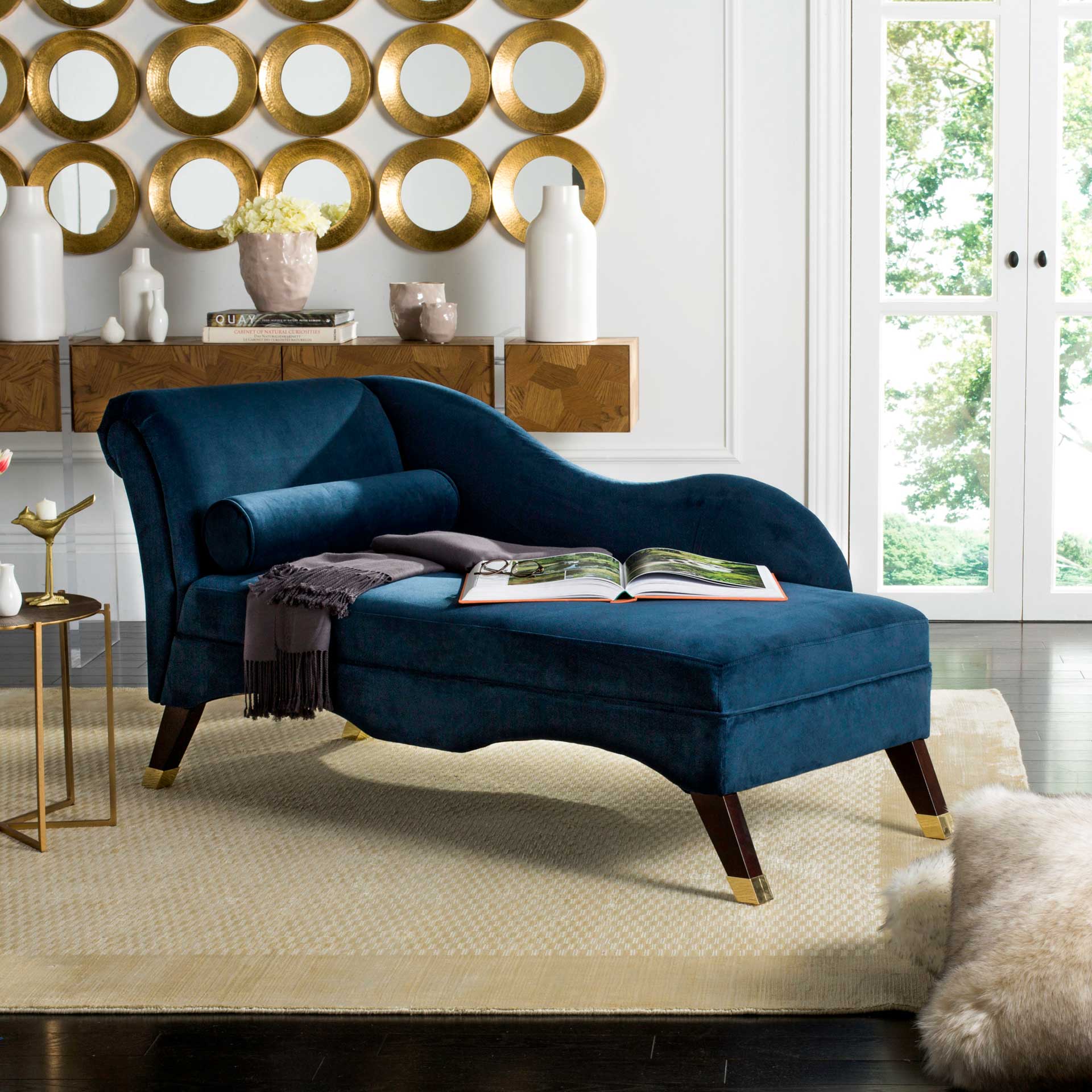 Camp Velvet Chaise With Pillow Navy/Espresso - Image 8