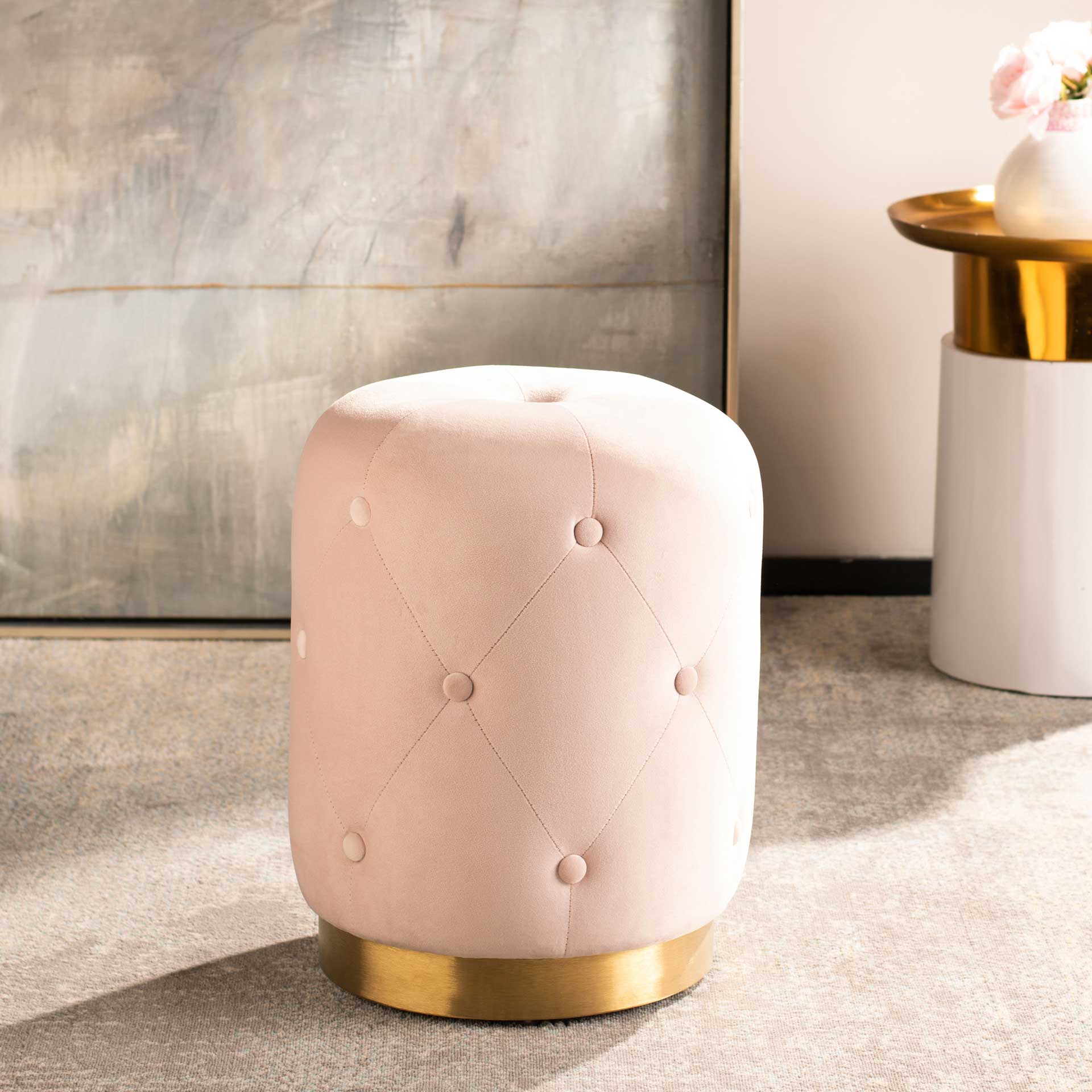 Carine Round Tufted Ottoman Light Pink - Image 6