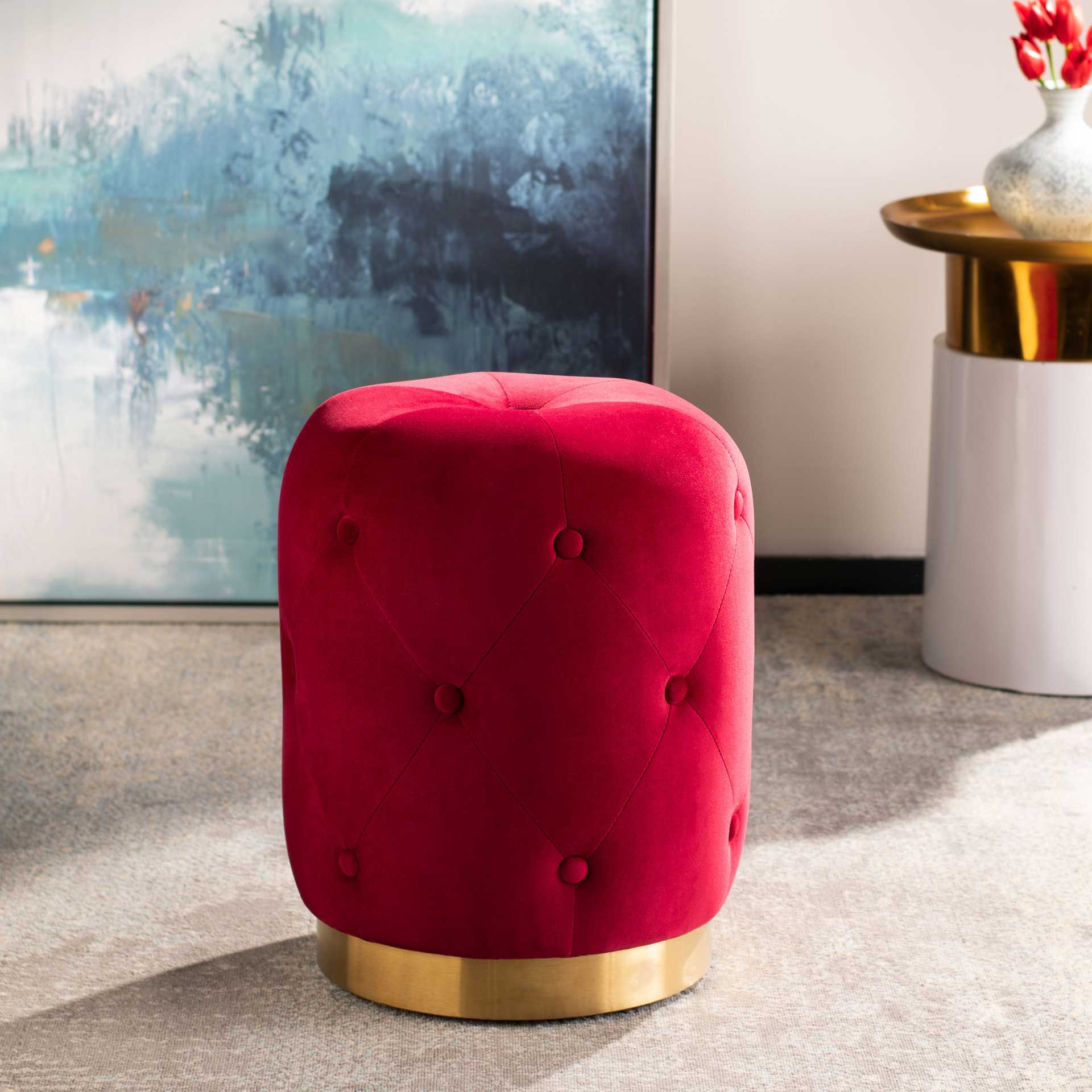 Carine Round Tufted Ottoman Ruby - Image 6