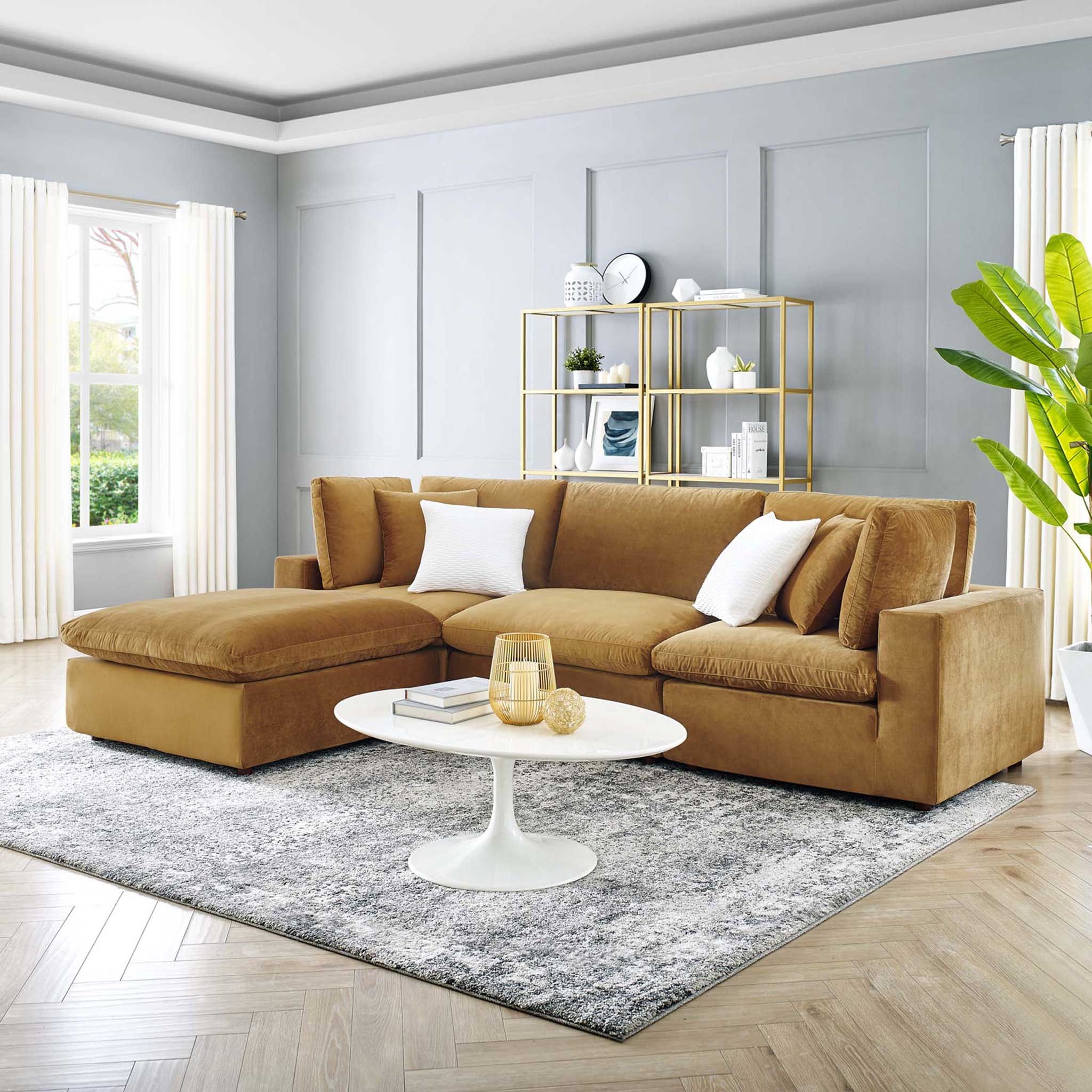 Carmen 4 Piece Modular Velvet Sofa with Ottoman Cognac - Image 9