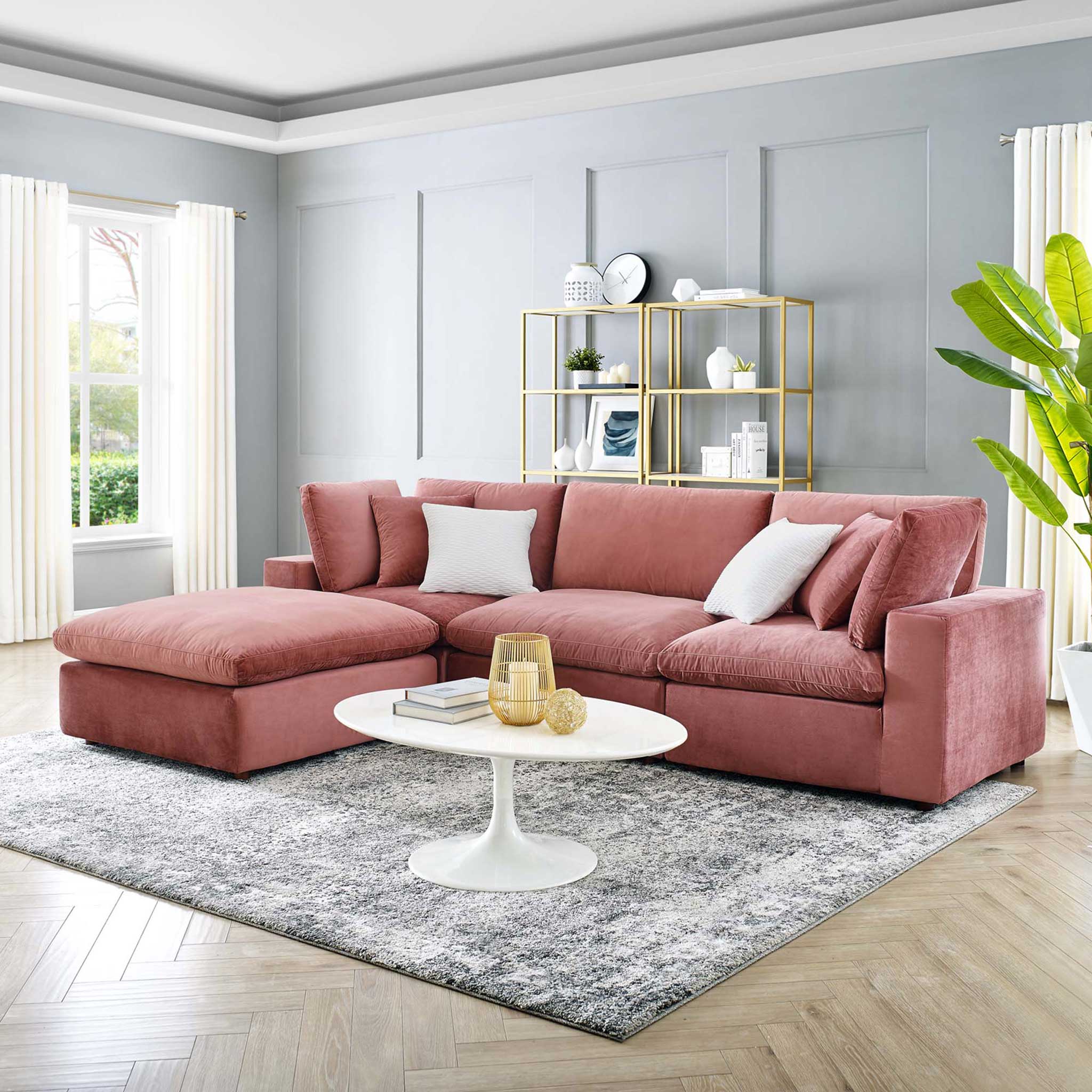 Carmen 4 Piece Modular Velvet Sofa with Ottoman Dusty Rose - Image 9