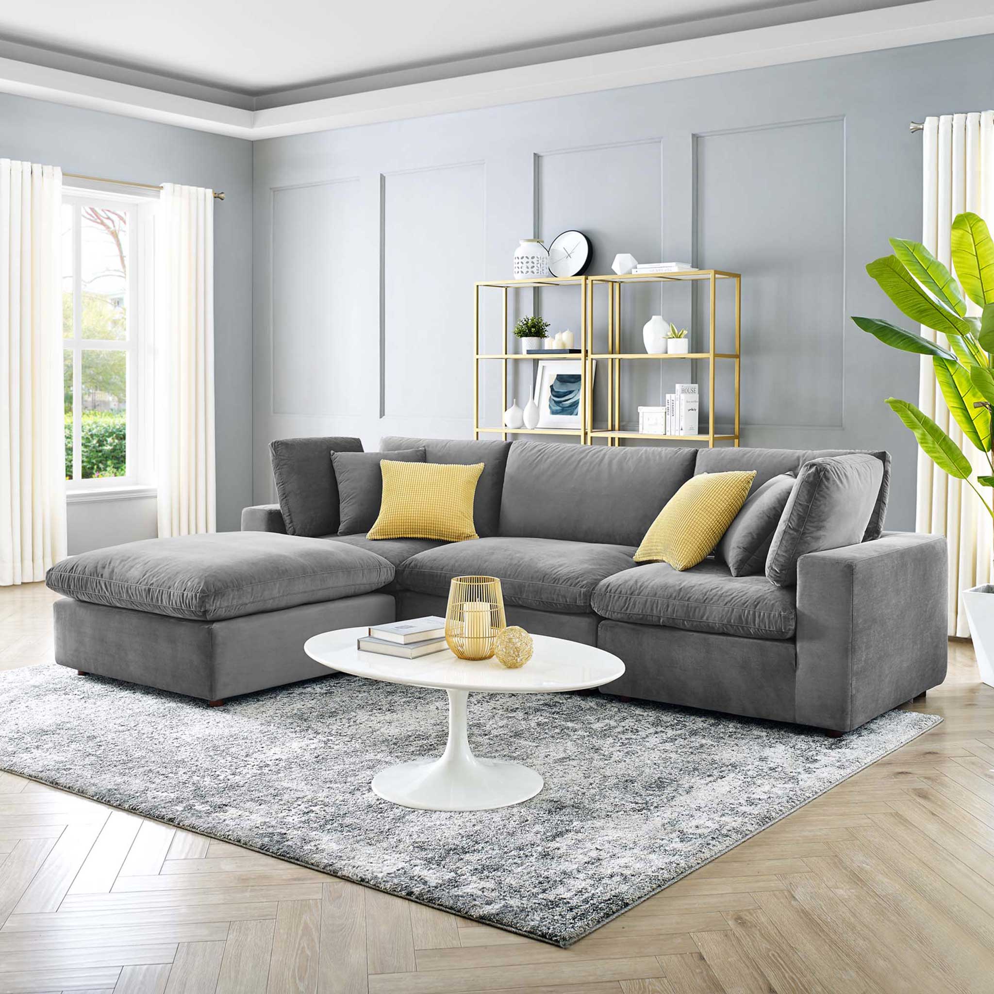 Carmen 4 Piece Modular Velvet Sofa with Ottoman Gray - Image 9
